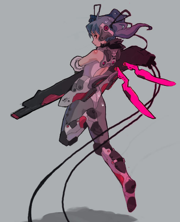 won (toufunokado), original, 1girl, blue hair, bodysuit, cable, female focus, gun, leotard, pantyhose, solo, weapon, wings
