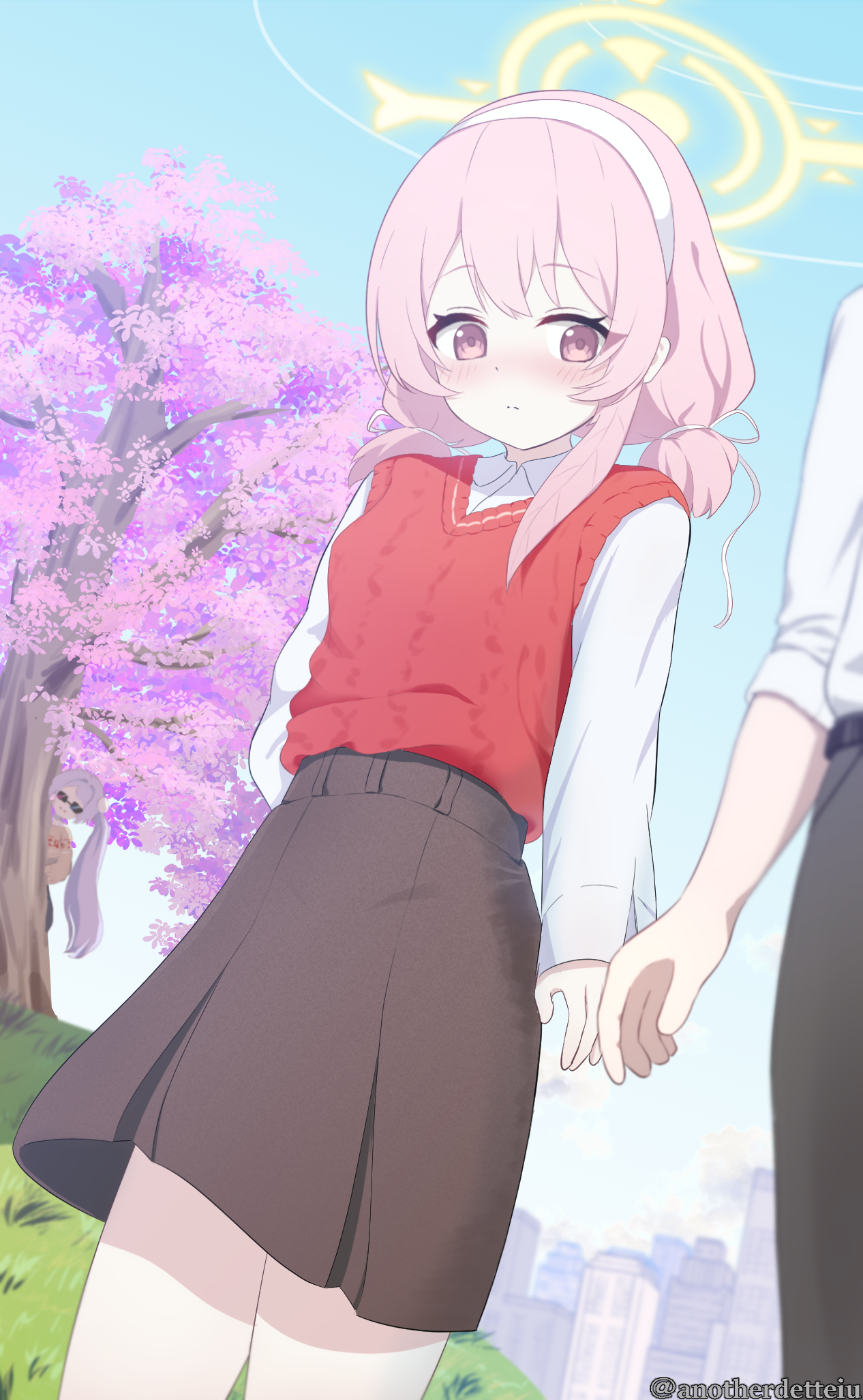 anotherdetteiu, hanae (blue archive), sensei (blue archive), serina (blue archive), blue archive, commentary request, highres, 1boy, 2girls, alternate costume, behind tree, black pants, blue sky, blurry, blurry background, blush, brown skirt, casual, cherry blossoms, closed mouth, collared shirt, dress shirt, feather hair, hairband, halo, multiple girls, outdoors, pants, peeking, pencil skirt, pink eyes, pink hair, purple hair, red sweater vest, shirt, skirt, sky, sunglasses, sweater vest, tree, twitter username, white hairband, white shirt, yellow halo