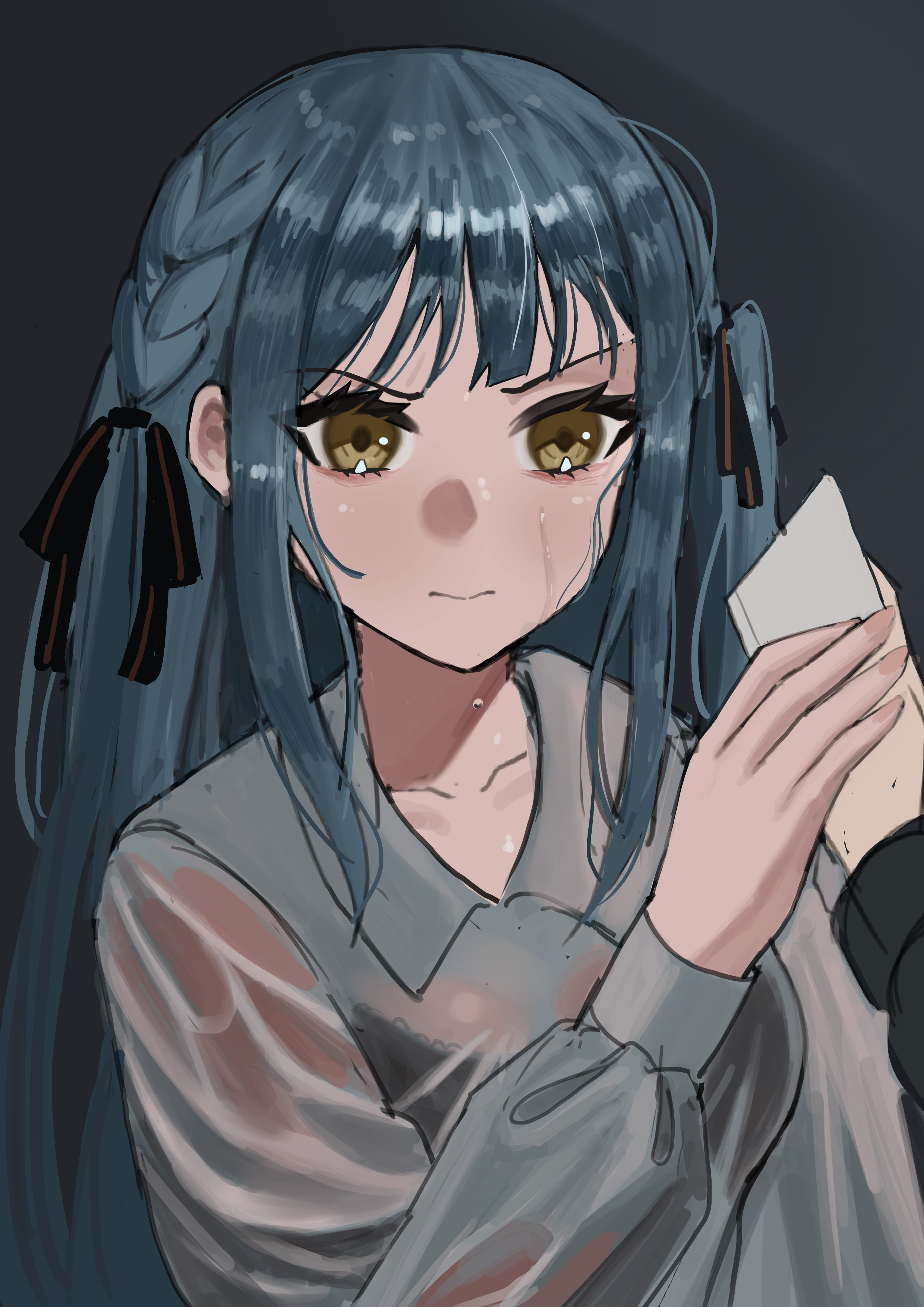 tomodach1666, togawa sakiko, bang dream!, bang dream! it's mygo!!!!!, absurdres, commentary, english commentary, highres, 1girl, black bra, black ribbon, blue hair, bra, bra visible through clothes, grey background, hair ribbon, long hair, long sleeves, ribbon, shirt, sidelocks, solo, underwear, upper body, wet, wet clothes, wet shirt, white shirt, yellow eyes