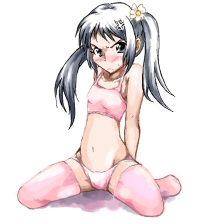 maskman, mizuki mana, white album, white album (series), lowres, 1girl, arms behind back, blush, bra, camisole, female focus, flat chest, flower, frown, grey eyes, grey hair, hair flower, hair ornament, lingerie, long hair, panties, pink panties, pink thighhighs, sitting, solo, sweat, thighhighs, tsundere, twintails, underwear, underwear only