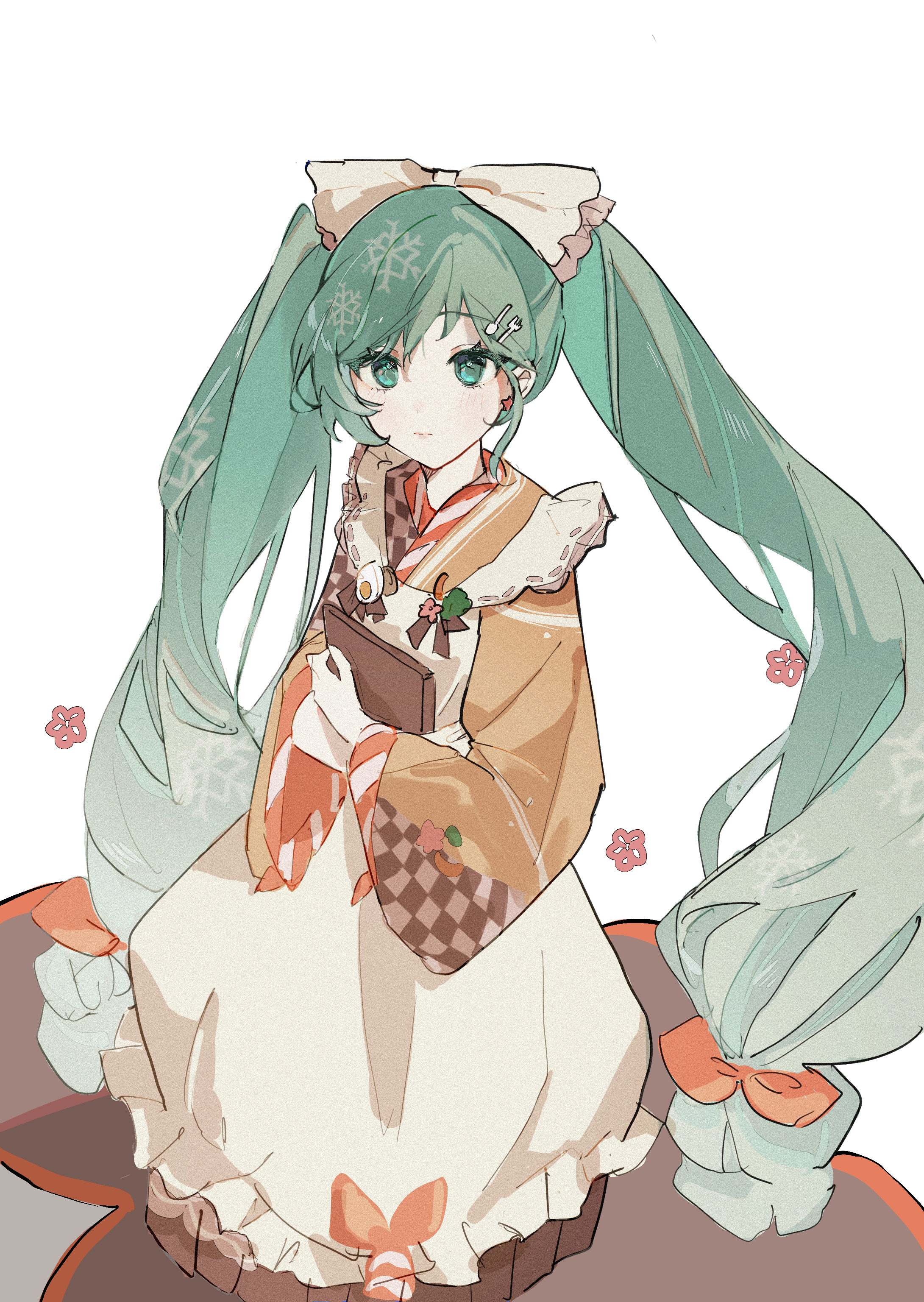 pye yyy, hatsune miku, yuki miku, yuki miku (2024), vocaloid, absurdres, chinese commentary, commentary, highres, 1girl, apron, aqua eyes, aqua hair, bow, brown bow, closed mouth, cowboy shot, dress, dress bow, earrings, expressionless, film grain, flower, fork hair ornament, frilled dress, frills, from above, hair between eyes, hair bow, hugging object, japanese clothes, jewelry, kappougi, kimono, long hair, long sleeves, looking at viewer, orange bow, orange kimono, pink flower, simple background, sleeveless, sleeveless dress, snowflakes, solo, spoon hair ornament, swept bangs, twintails, very long hair, white background, white bow, white dress, wide sleeves