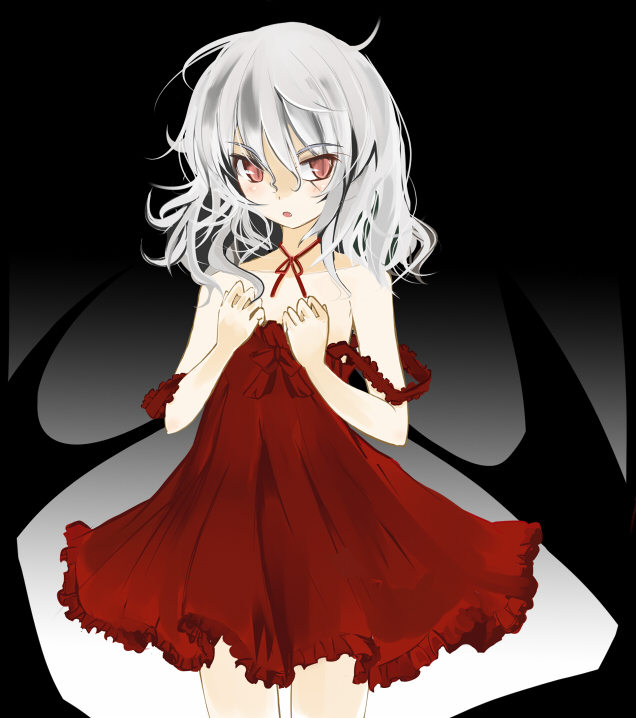 takaharu, remilia scarlet, touhou, silver hair, 1girl, bat wings, dress, female focus, red eyes, solo, wings