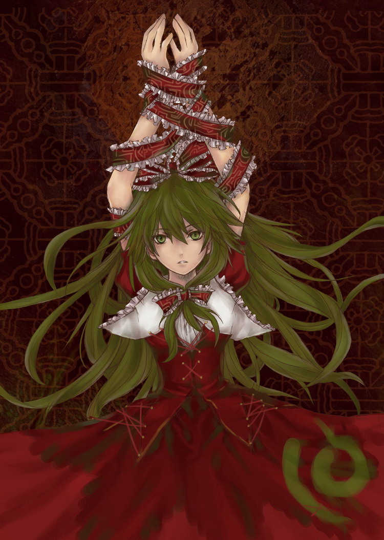 so-ren, kagiyama hina, touhou, 1girl, arms up, bdsm, bondage, bound, bow, dress, female focus, frills, front ponytail, gothic lolita, green eyes, green hair, hair bow, hair ornament, hair ribbon, lolita fashion, long hair, looking at viewer, matching hair/eyes, red dress, ribbon, solo