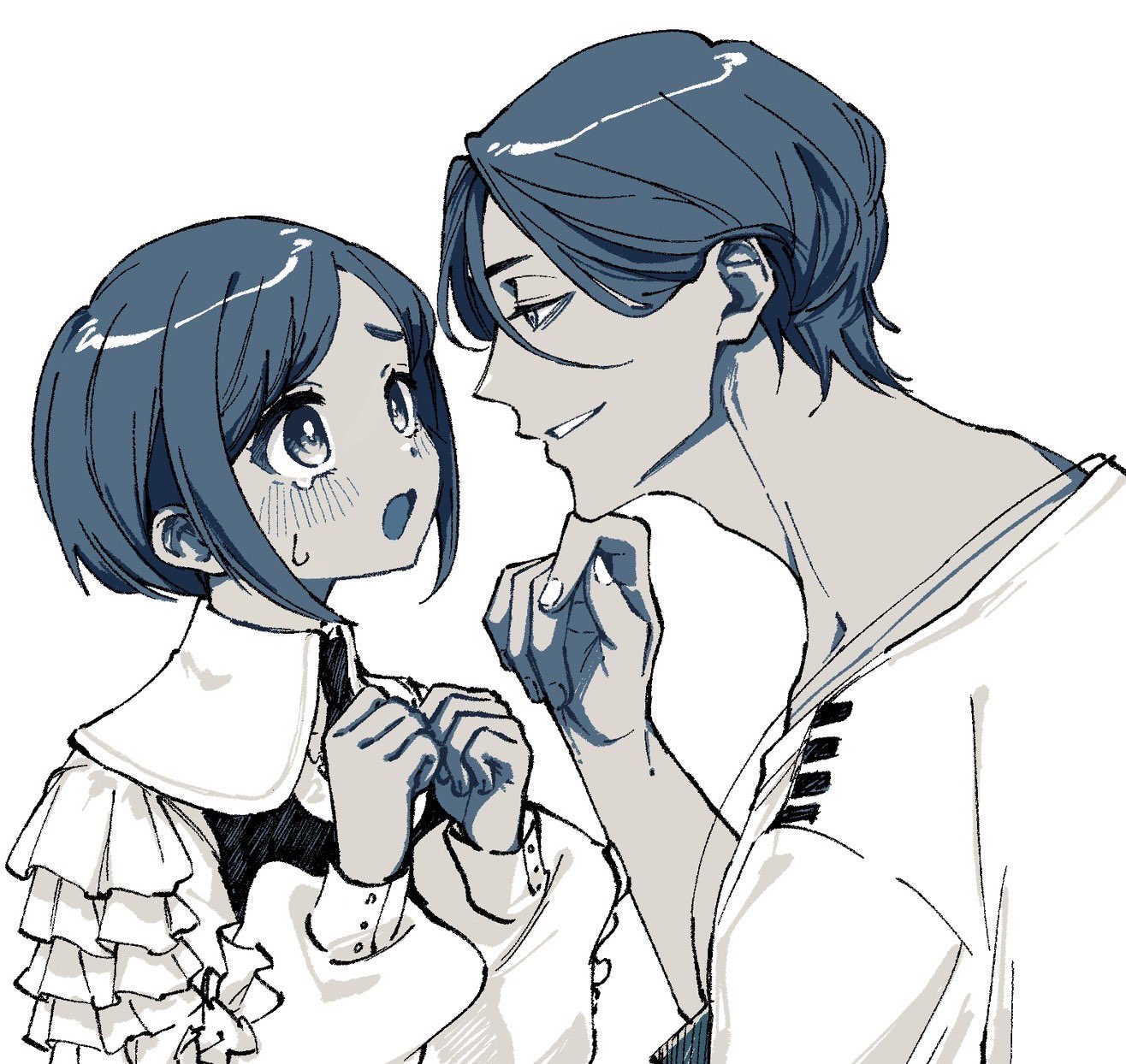 fukurai azami, meguriya ayumu, toshi densetsu kaitai center, commentary request, highres, 1boy, 1girl, blue eyes, blue hair, collared shirt, eye contact, frilled shirt, frilled sleeves, frills, from side, fuwanemuru, hand on own chin, long sleeves, looking at another, open mouth, profile, puffy long sleeves, puffy sleeves, shirt, short hair, simple background, smile, sweatdrop, tearing up, upper body, white background