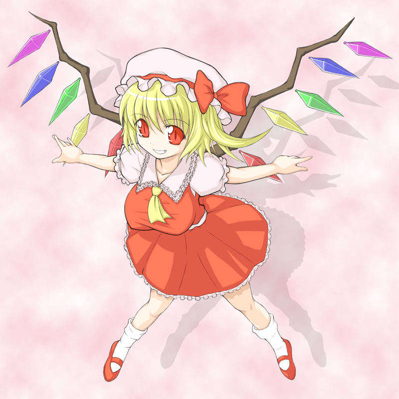 flandre scarlet, touhou, alternate breast size, 1girl, ascot, blonde hair, breasts, crystal, female focus, full body, hat, large breasts, legs apart, mob cap, oppai loli, pink background, red eyes, red shoes, shirt, shoes, socks, solo, taut clothes, taut shirt, white socks, wings, yellow ascot