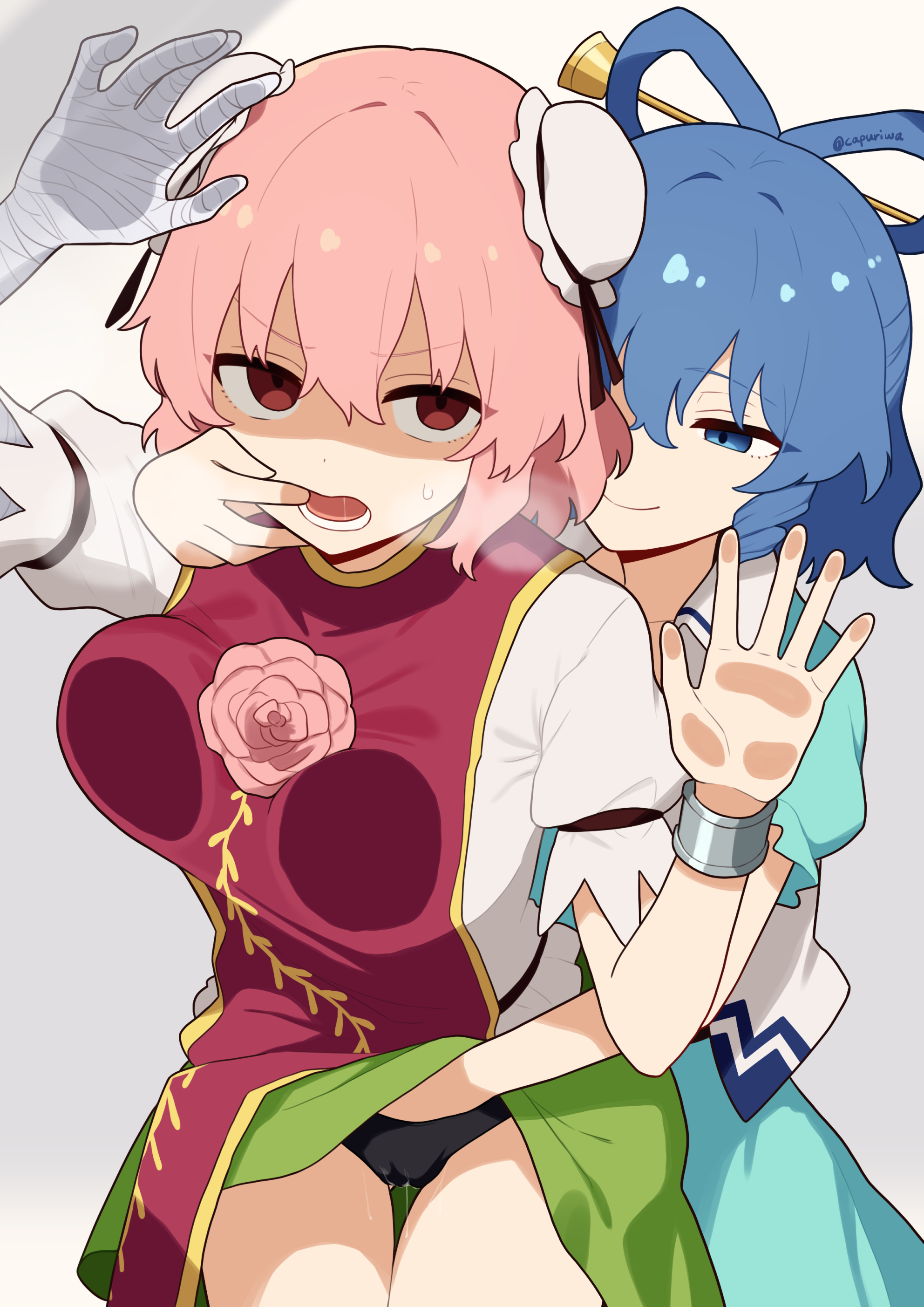 snackdang, ibaraki kasen, kaku seiga, touhou, absurdres, commentary request, highres, 2girls, against glass, aqua dress, bandaged arm, bandages, blue eyes, blue hair, breast press, breasts, breasts on glass, closed mouth, collarbone, double bun, dress, drill hair, drill sidelocks, finger in another's mouth, green skirt, grey background, hair between eyes, hair bun, looking at another, looking at viewer, lower teeth only, medium breasts, medium hair, molestation, multiple girls, open mouth, pink hair, pink tabard, red eyes, saliva, shirt, sidelocks, skirt, smile, steam, sweatdrop, tabard, teeth, twitter username, white shirt