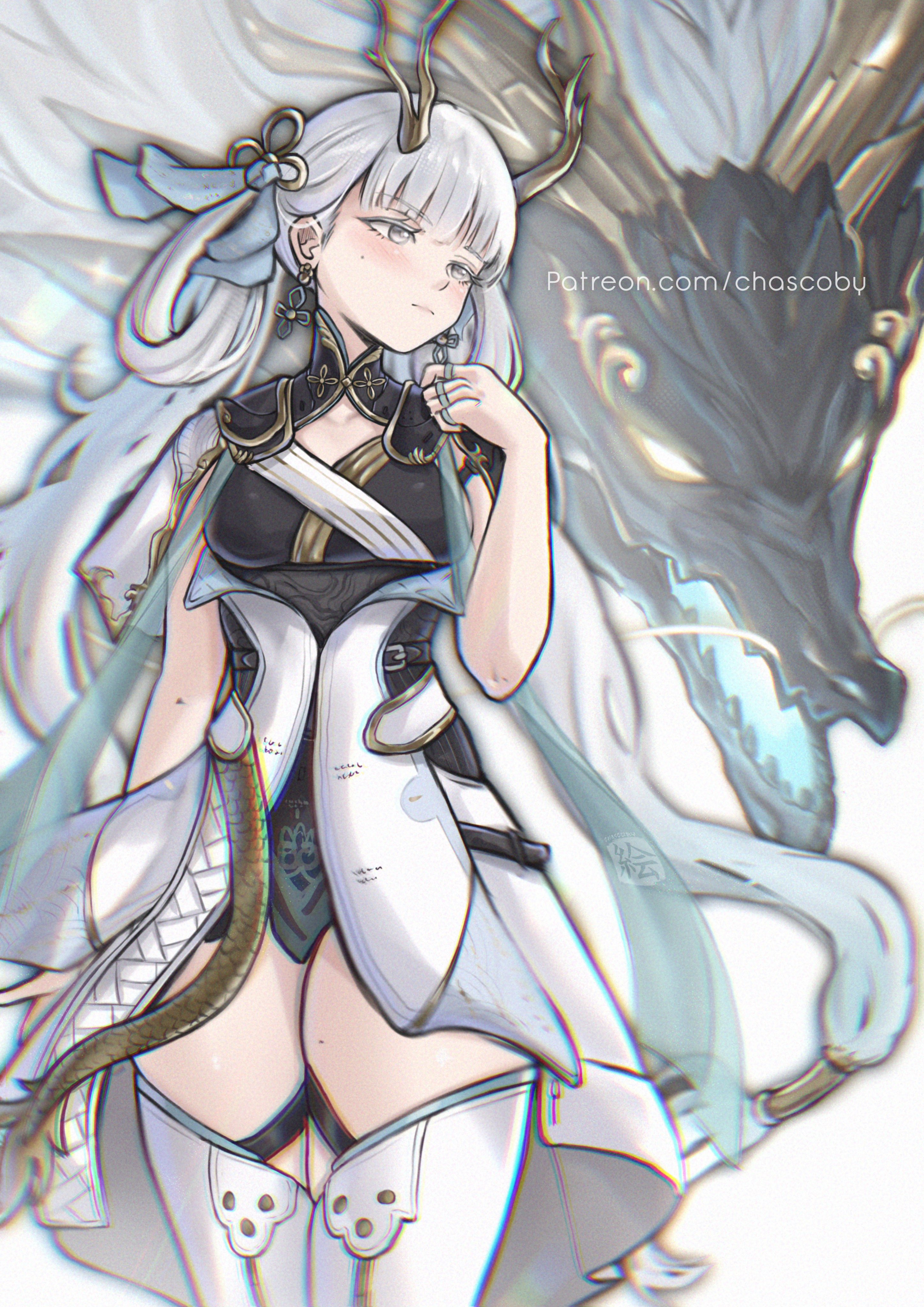 chascoby, jinhsi (wuthering waves), jue (wuthering waves), wuthering waves, absurdres, commentary, highres, 1girl, black collar, black dress, blush, boots, bow, breasts, chromatic aberration, closed mouth, coat, collar, colored eyelashes, dragon, dress, earrings, eastern dragon, eastern dragon horns, hair bow, hair rings, hand up, heavy chromatic aberration, horns, jewelry, medium breasts, mole, mole on cheek, mole on thigh, multiple rings, ring, simple background, thigh boots, thighs, watermark, web address, white background, white boots, white bow, white coat, white eyelashes, white eyes, white hair, yellow horns
