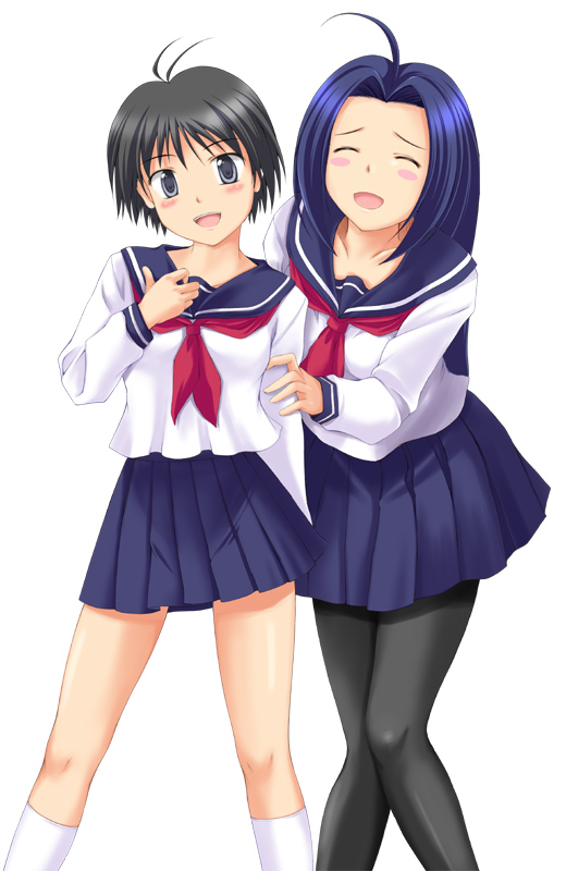 nishi (count2.4), kikuchi makoto, miura azusa, idolmaster, idolmaster (classic), idolmaster 1, 00s, ahoge, antenna hair, black hair, black socks, blue hair, blush, brown hair, closed eyes, grey eyes, kneehighs, long hair, pantyhose, school uniform, serafuku, short hair, skirt, socks, thighhighs