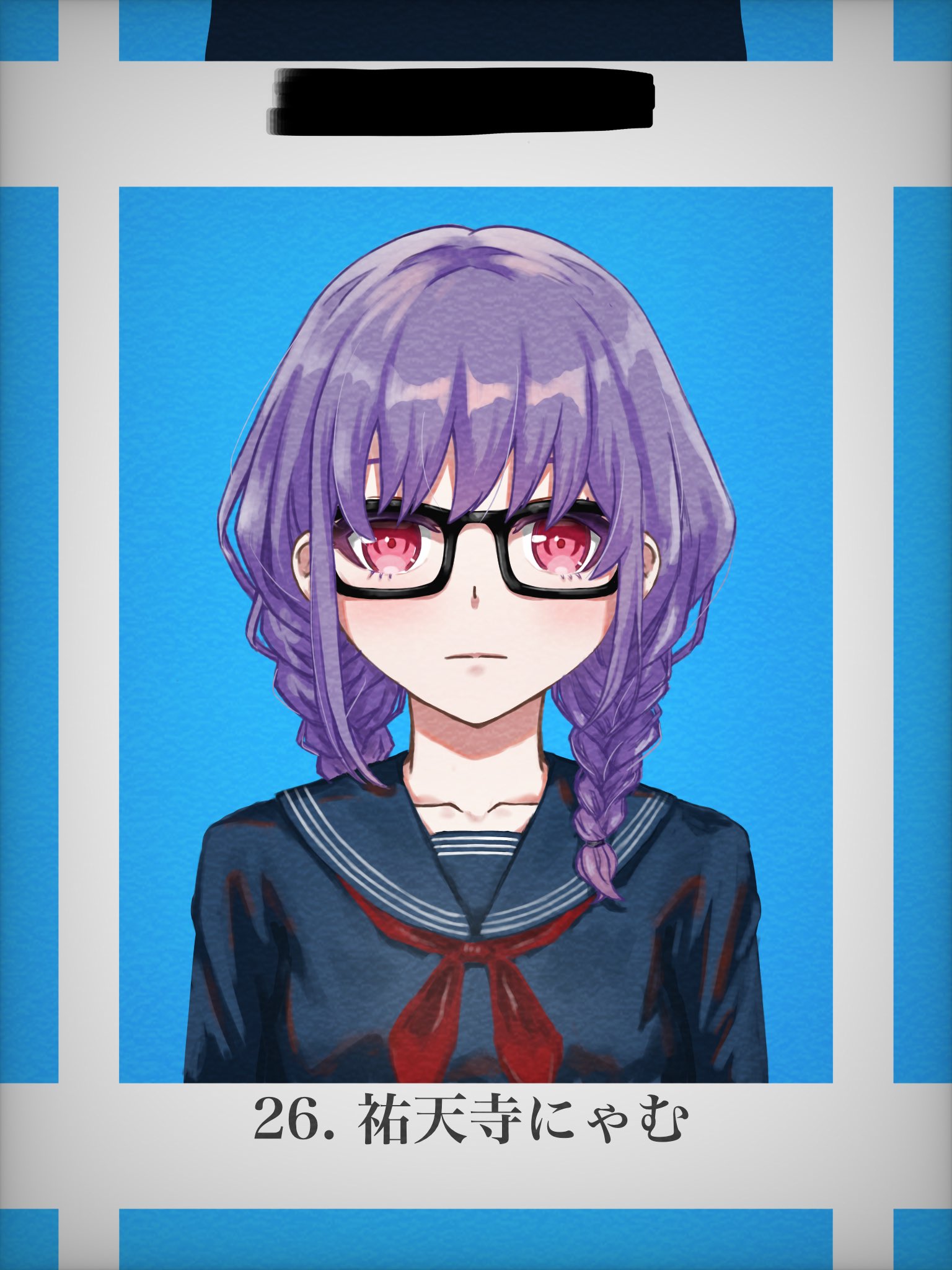 r@men, yuutenji nyamu, bang dream!, bang dream! it's mygo!!!!!, commentary request, highres, translated, 1girl, aged down, blue sailor collar, blue shirt, braid, closed mouth, glasses, medium hair, neckerchief, purple hair, red eyes, red neckerchief, sailor collar, school uniform, serafuku, shirt, solo, twin braids