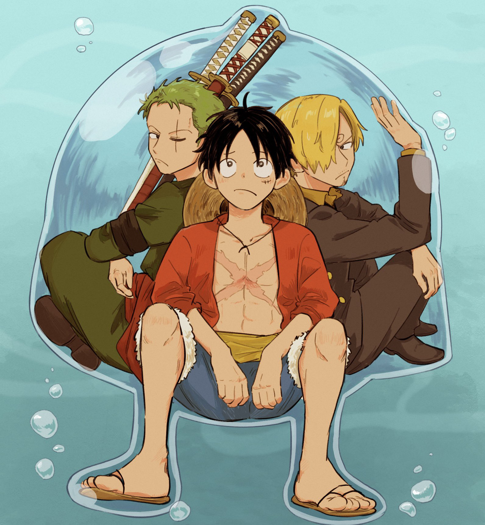 iqracha, monkey d. luffy, roronoa zoro, sanji (one piece), one piece, highres, 3boys, black hair, black jacket, black pants, blonde hair, bubble, closed mouth, curly eyebrows, green hair, green kimono, in bubble, jacket, japanese clothes, kimono, male focus, multiple boys, pants, red shirt, sandals, scar, scar across eye, scar on chest, scar on face, shirt, sitting, sword, weapon