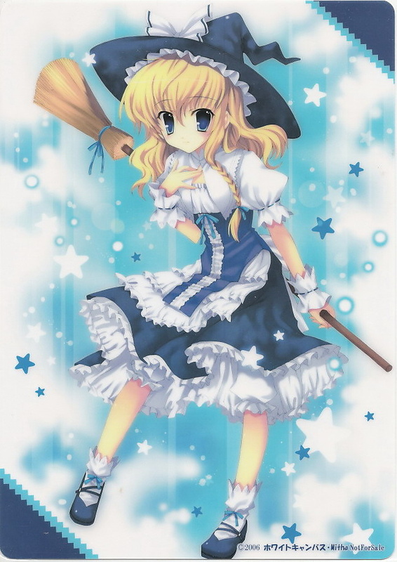 kirisame marisa, touhou, 1girl, blonde hair, blue eyes, braid, broom, female focus, gradient background, hair ribbon, hat, ribbon, solo, witch, witch hat