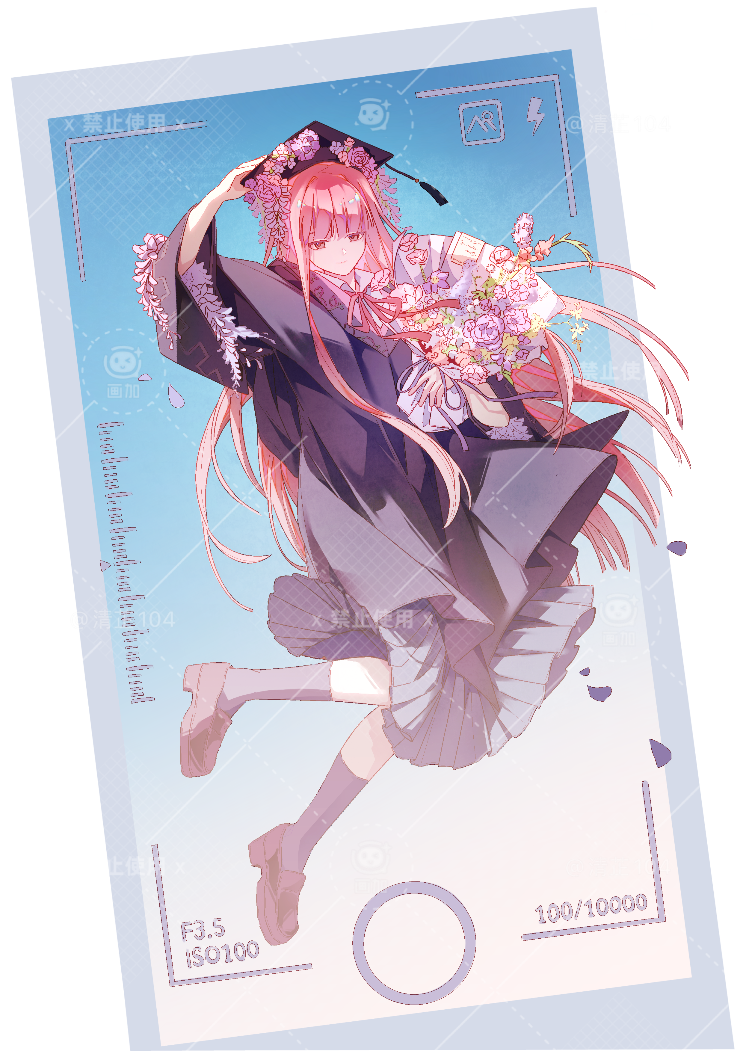 nikki (nikki), nikki (series), absurdres, artist request, commission, highres, second-party source, 1girl, ankle socks, black hat, black robe, black socks, blunt bangs, border, brown shoes, bud, cellphone, collared shirt, floating, flower, full body, graduation, grey skirt, hand on headwear, happy, hat, hat flower, hat tassel, lightning bolt symbol, long hair, long sidelocks, long sleeves, looking at flowers, medium skirt, mortarboard, neck ribbon, outside border, petals, phone, pink flower, pink hair, pink ribbon, pleated skirt, purple flower, purple rose, ribbon, robe, rose, school uniform, shirt, shoes, sidelocks, skirt, smartphone, socks, solo, uwabaki, very long hair, white border, white shirt, wide sleeves, wisteria