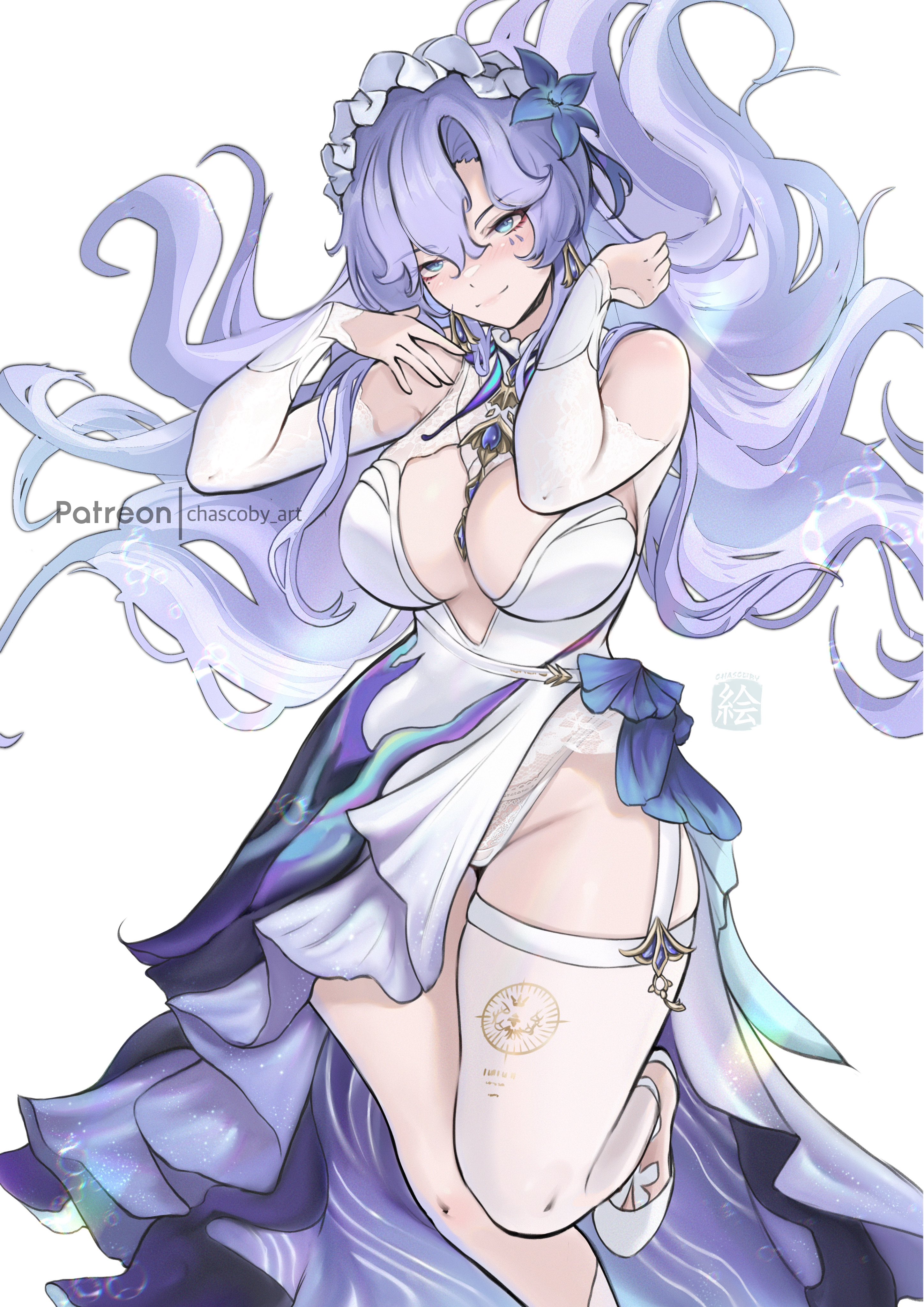 chascoby, cantarella (wuthering waves), wuthering waves, absurdres, commentary, highres, paid reward available, 1girl, blue eyes, blue flower, breasts, closed mouth, dress, earrings, facial mark, floating hair, flower, foot out of frame, garter straps, hair between eyes, hair floating upwards, hair flower, hair ornament, hands up, headdress, highleg, highleg panties, jewelry, large breasts, long hair, looking at viewer, mark under eye, panties, patreon username, purple hair, shoes, simple background, single thighhigh, smile, solo, thighhighs, thighs, underwear, very long hair, white background, white dress, white garter straps, white panties, white shoes, white thighhighs