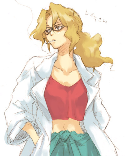 leite jokin, tengen toppa gurren lagann, lowres, 00s, blonde hair, cigarette, glasses, lab coat, smoke, smoking, solo