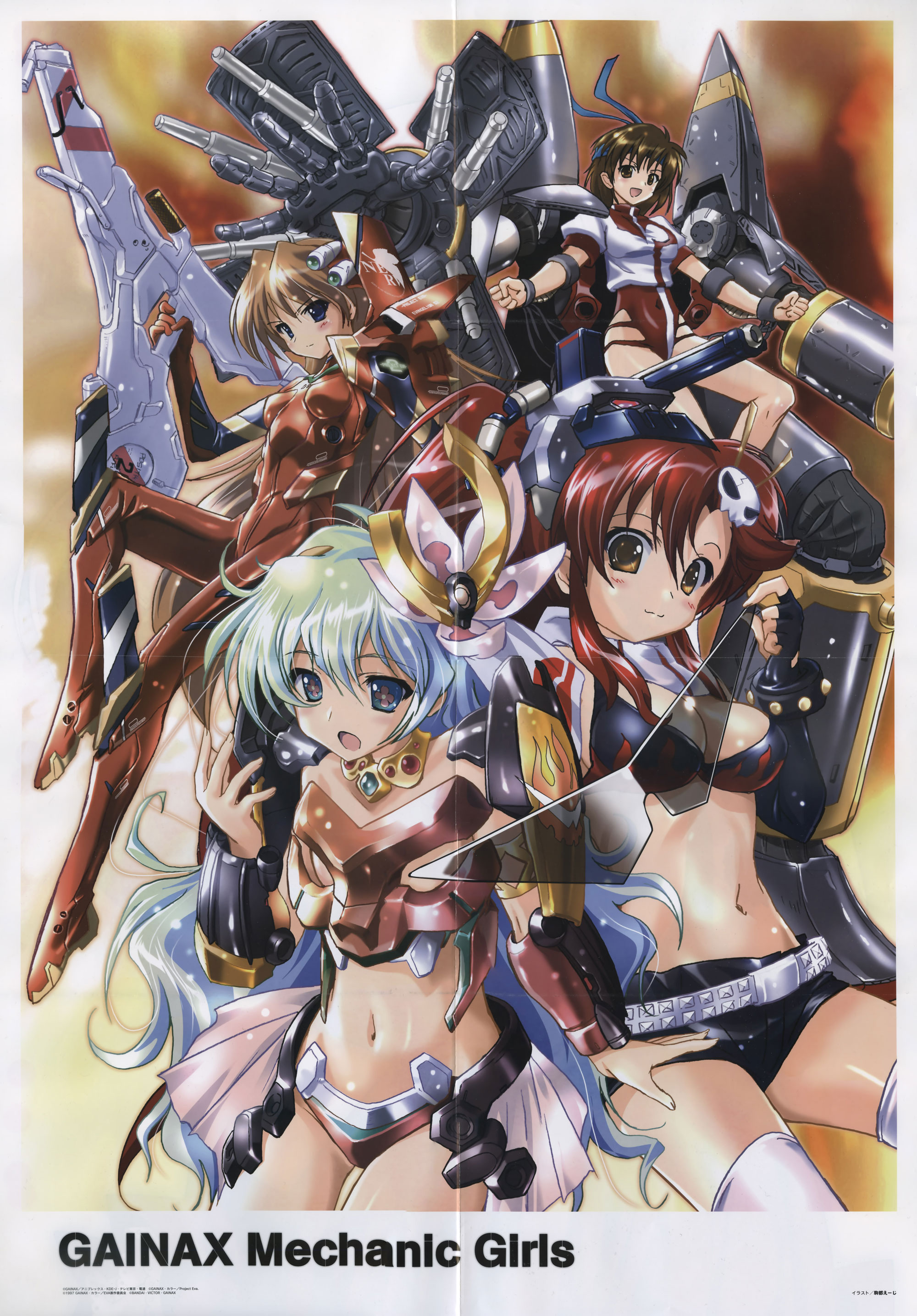 komatsu eiji, gunbuster, nia teppelin, souryuu asuka langley, takaya noriko, yoko littner, gainax, neon genesis evangelion, sky girls, tengen toppa gurren lagann, top wo nerae!, top wo nerae! (series), white legwear, absurdres, highres, scan, >:d, + +, 4girls, :3, :d, armlet, armor, belt, belt skirt, bikini, bikini armor, bikini top only, black gloves, blonde hair, blue eyes, blue hair, blush, bodysuit, border, bracelet, breastplate, breasts, brown eyes, brown hair, cleavage, clenched hands, company connection, covered navel, crease, crop top, cross-shaped pupils, crossover, elbow gloves, emblem, fingerless gloves, flame print, gloves, hair ornament, hair stick, headband, high ponytail, holding, holding removed eyewear, jewelry, kamina shades, leotard, light smile, long hair, looking at viewer, mecha, mecha musume, mecha pilot suit, midriff, multicolored eyes, multicolored hair, multiple girls, navel, neck ring, nerv, open mouth, orange hair, parody, pauldrons, pleated skirt, plugsuit (evangelion), ponytail, puffy sleeves, red hair, robot, scarf, shirt, short hair, short shorts, short sleeves, shorts, shoulder armor, showgirl skirt, sidelocks, skirt, skull hair ornament, small breasts, smile, studded belt, studded bracelet, sunglasses, super robot, swimsuit, symbol-shaped pupils, thighhighs, triangular eyewear, unworn eyewear, v-shaped eyebrows, vambraces, very long hair, wavy hair, weapon, yellow eyes