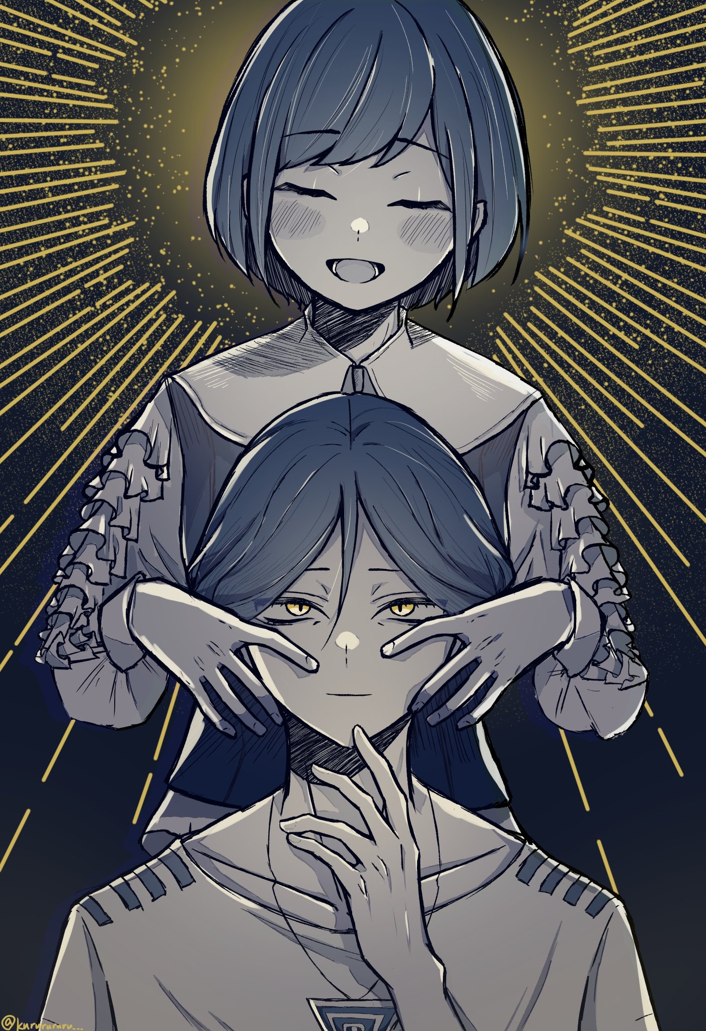 fukurai azami, meguriya ayumu, toshi densetsu kaitai center, commentary request, highres, 1boy, 1girl, :d, blue hair, closed eyes, closed mouth, collared shirt, frilled shirt, frilled sleeves, frills, glowing, halo, halo behind head, hand up, hands up, kurubushi (kururururu), limited palette, long sleeves, open mouth, shirt, short hair, smile, standing, triangle necklace, upper body, yellow eyes