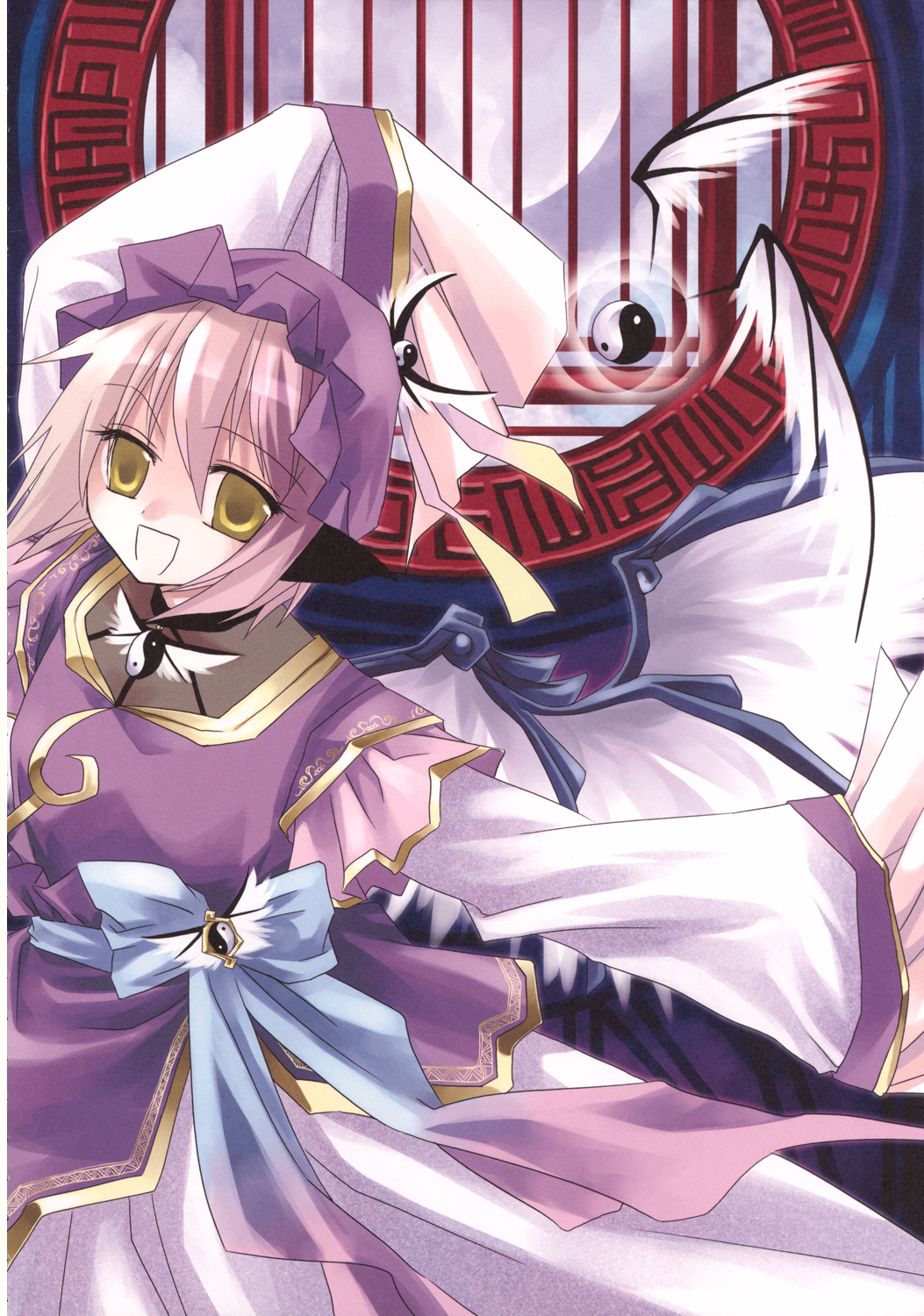 mystia lorelei, touhou, highres, 1girl, :d, alternate costume, animal ears, dancing, female focus, hat, open mouth, pink hair, ribbon, short hair, smile, solo, wide sleeves, window, wings, yellow eyes, yin yang