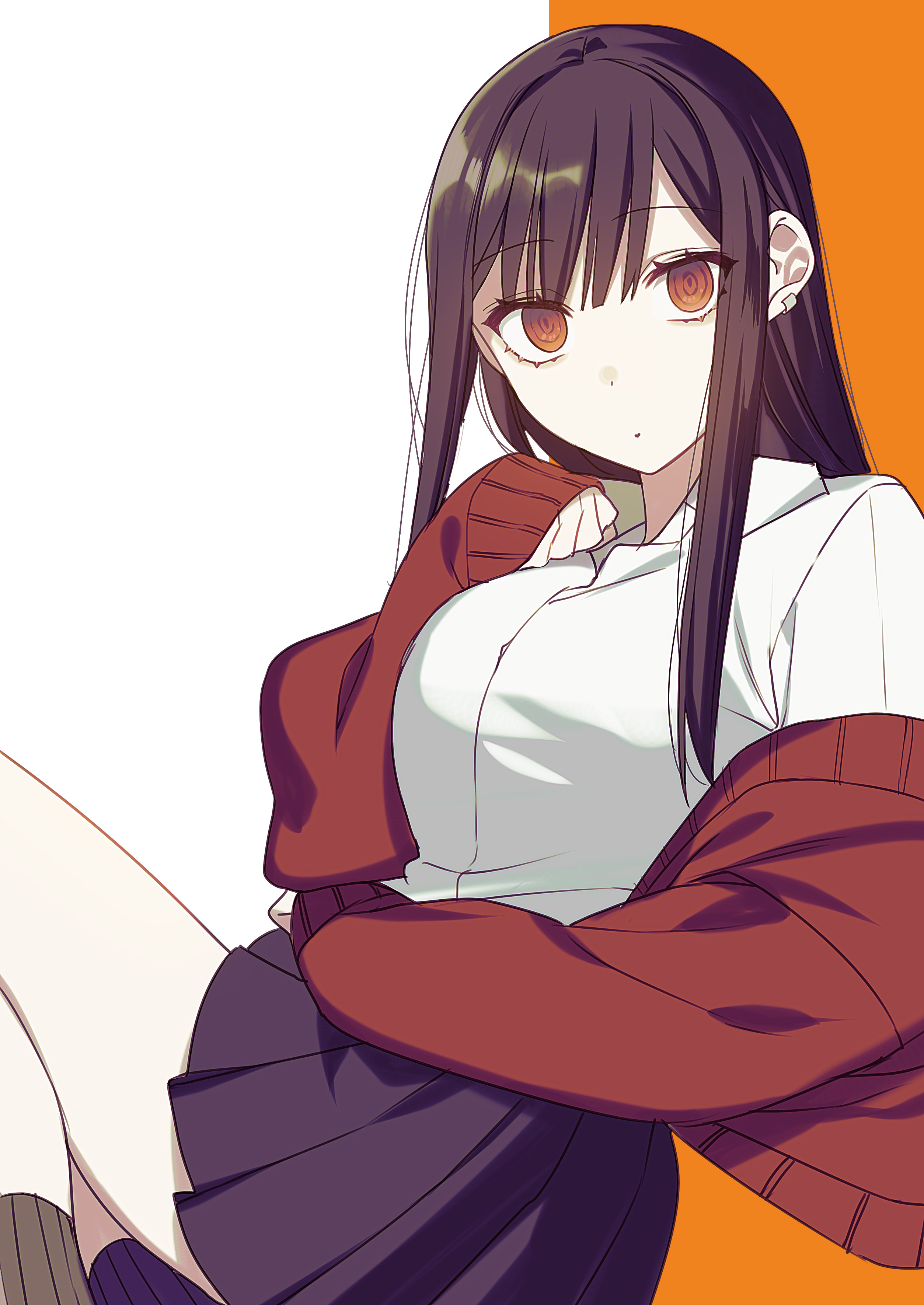 ryon (ryonhei), chihara mai, jirai nan desu ka? chihara-san, absurdres, commentary request, highres, second-party source, 1girl, black hair, black skirt, breasts, brown socks, cardigan, closed mouth, collared shirt, dot mouth, dot nose, earclip, long hair, looking at viewer, medium breasts, off shoulder, open cardigan, open clothes, orange background, pleated skirt, red cardigan, red eyes, ringed eyes, school uniform, shirt, skirt, sleeves past wrists, socks, solo, two-tone background, white background, white shirt