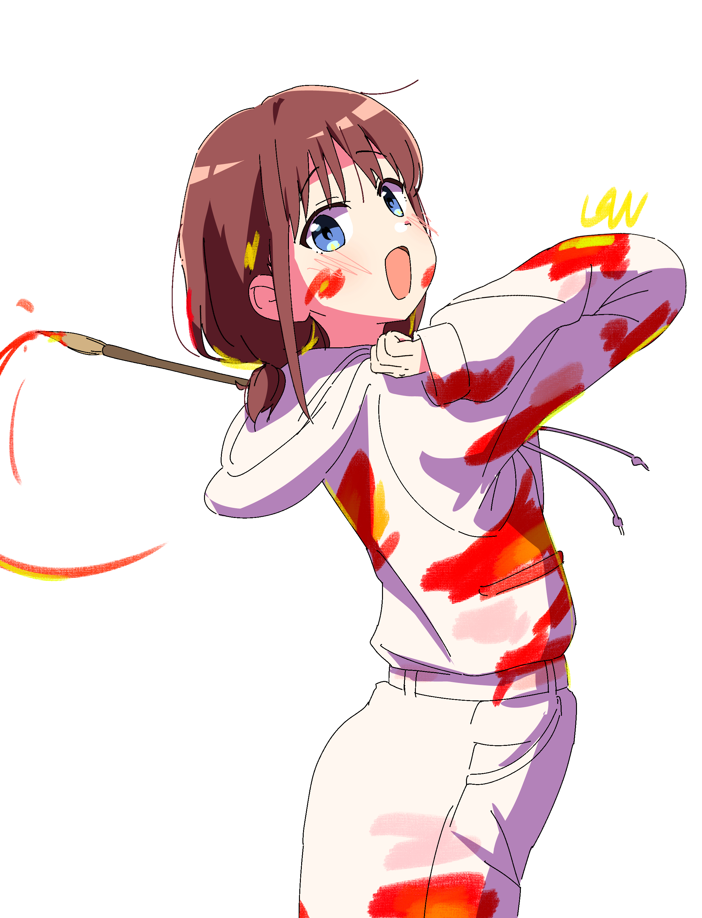 ltv1119, iseri nina, girls band cry, absurdres, commentary, highres, 1girl, arm up, blue eyes, blush, brown hair, holding, holding paintbrush, hood, hooded jacket, jacket, long sleeves, looking at viewer, low twintails, open mouth, paint on clothes, paint splatter, paint splatter on face, paintbrush, short hair, short twintails, simple background, solo, twintails, white background, white jacket