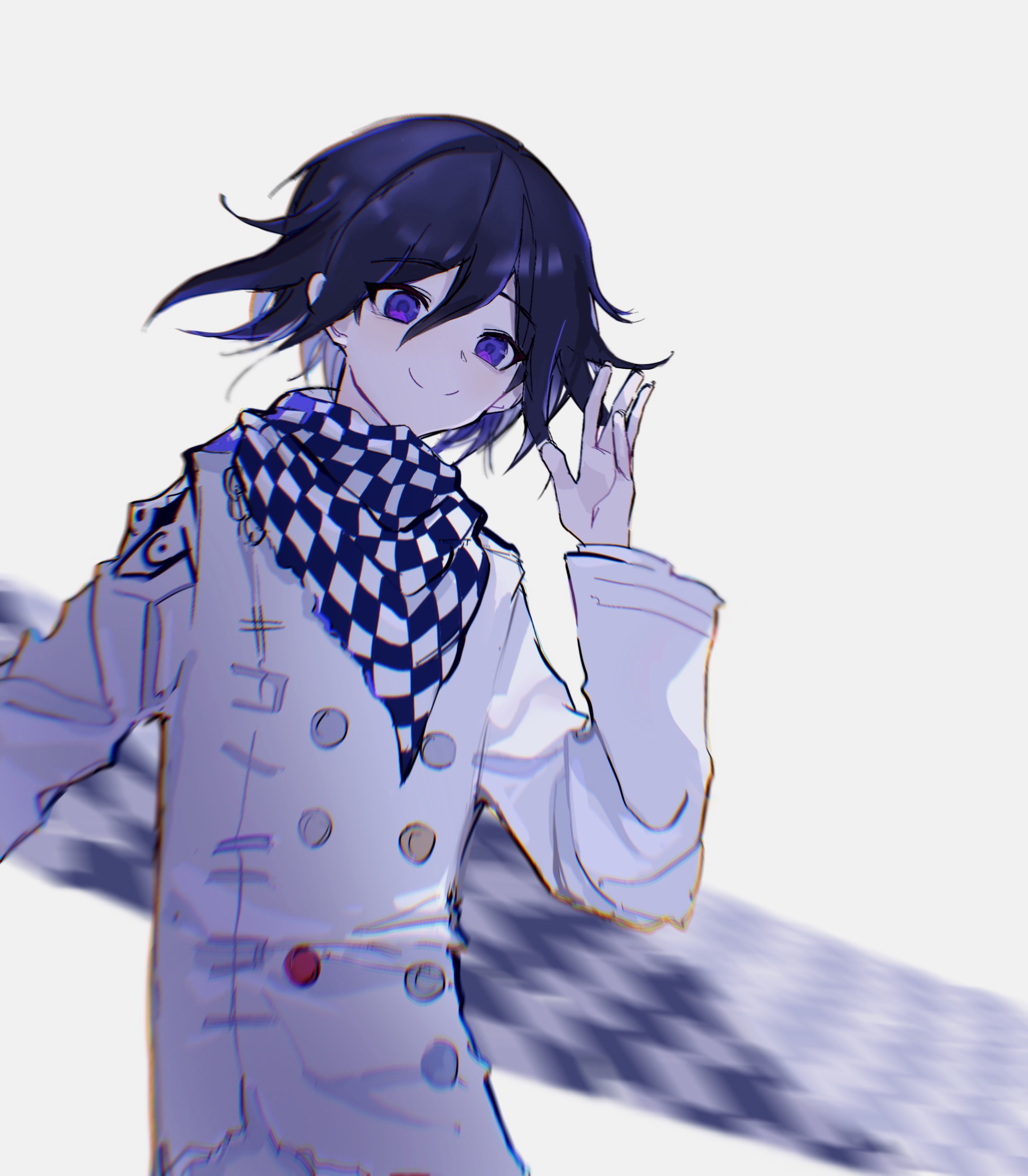 pye yyy, oma kokichi, danganronpa (series), danganronpa v3: killing harmony, absurdres, commentary, highres, symbol-only commentary, 1boy, androgynous, black hair, black scarf, blurry, blurry background, buttons, checkered clothes, checkered scarf, chromatic aberration, closed mouth, coat, colored inner hair, double-breasted, double-parted bangs, flipped hair, grey background, grey hair, hair between eyes, hand up, layered sleeves, long sleeves, looking afar, looking down, male focus, multicolored hair, purple eyes, scarf, short hair, simple background, smile, solo, two-tone hair, two-tone scarf, upper body, waving, white coat, white scarf