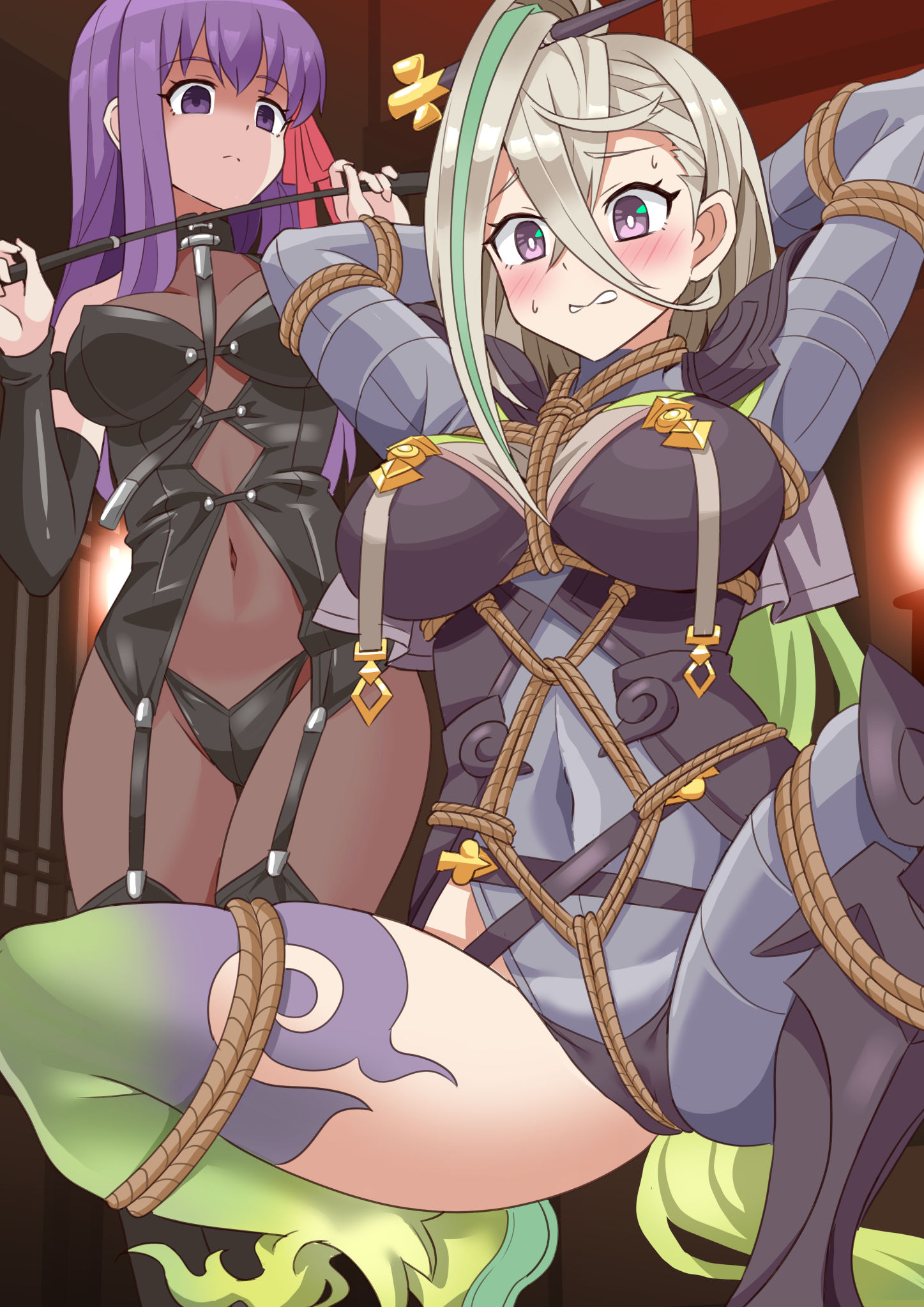 shimouki izui, huyan zhuo (fate), matou sakura, matou sakura (fate/extra), fate/grand order, fate (series), highres, 2girls, bdsm, blush, bondage, bound, breasts, holding, holding whip, legs, looking at another, multiple girls, purple eyes, restrained, shibari, squatting, thighs