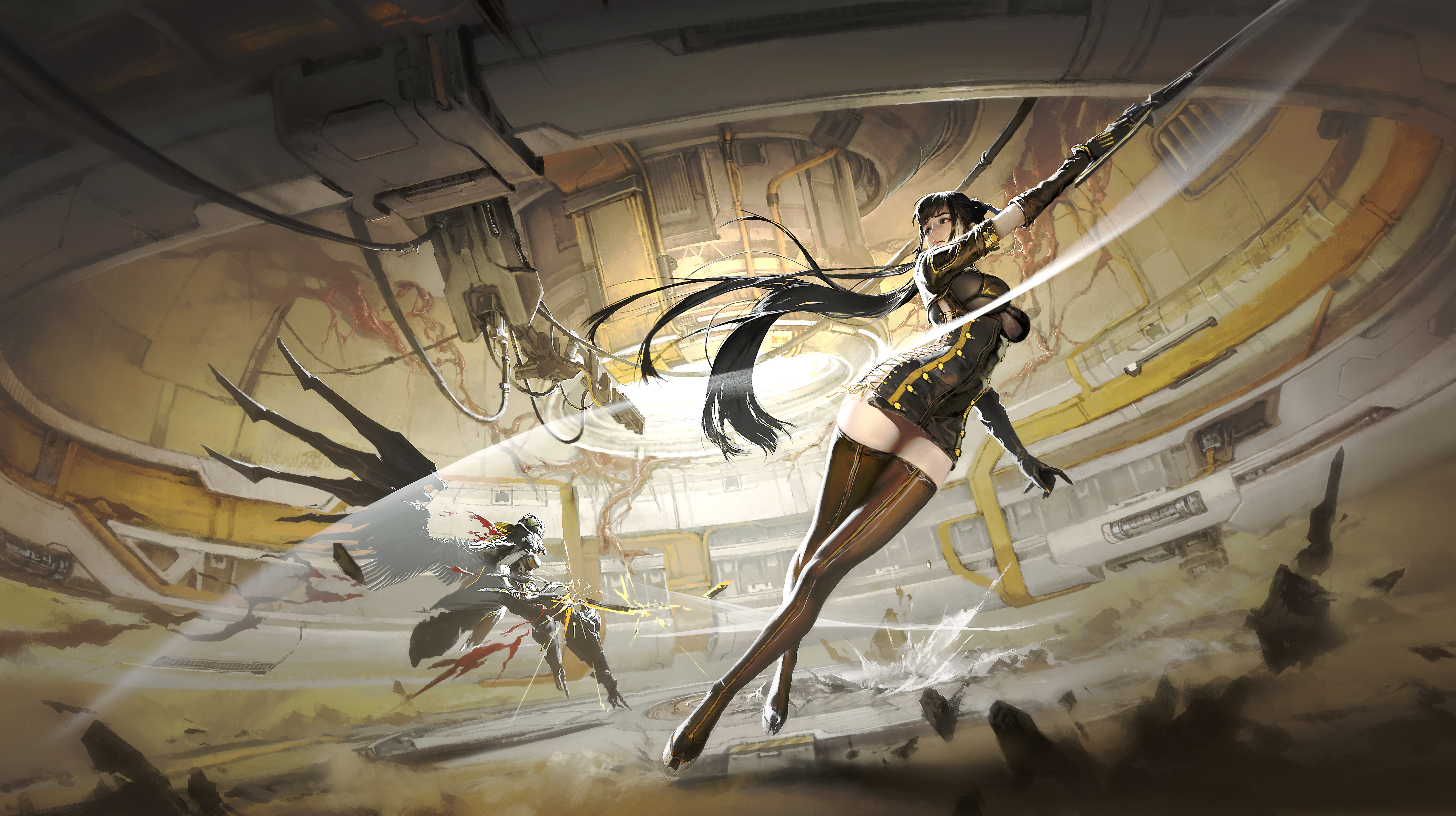 tommy amphibia, eve (stellar blade), stellar blade, absurdres, chinese commentary, commentary request, highres, 1girl, battle, black eyes, black gloves, black hair, black thighhighs, breasts, broken, broken sword, broken weapon, cross-laced slit, crossed legs, dynamic pose, elbow gloves, gloves, holding, holding sword, holding weapon, large breasts, long hair, looking to the side, naytiba (stellar blade), solo focus, sword, thighhighs, very long hair, weapon, wide shot