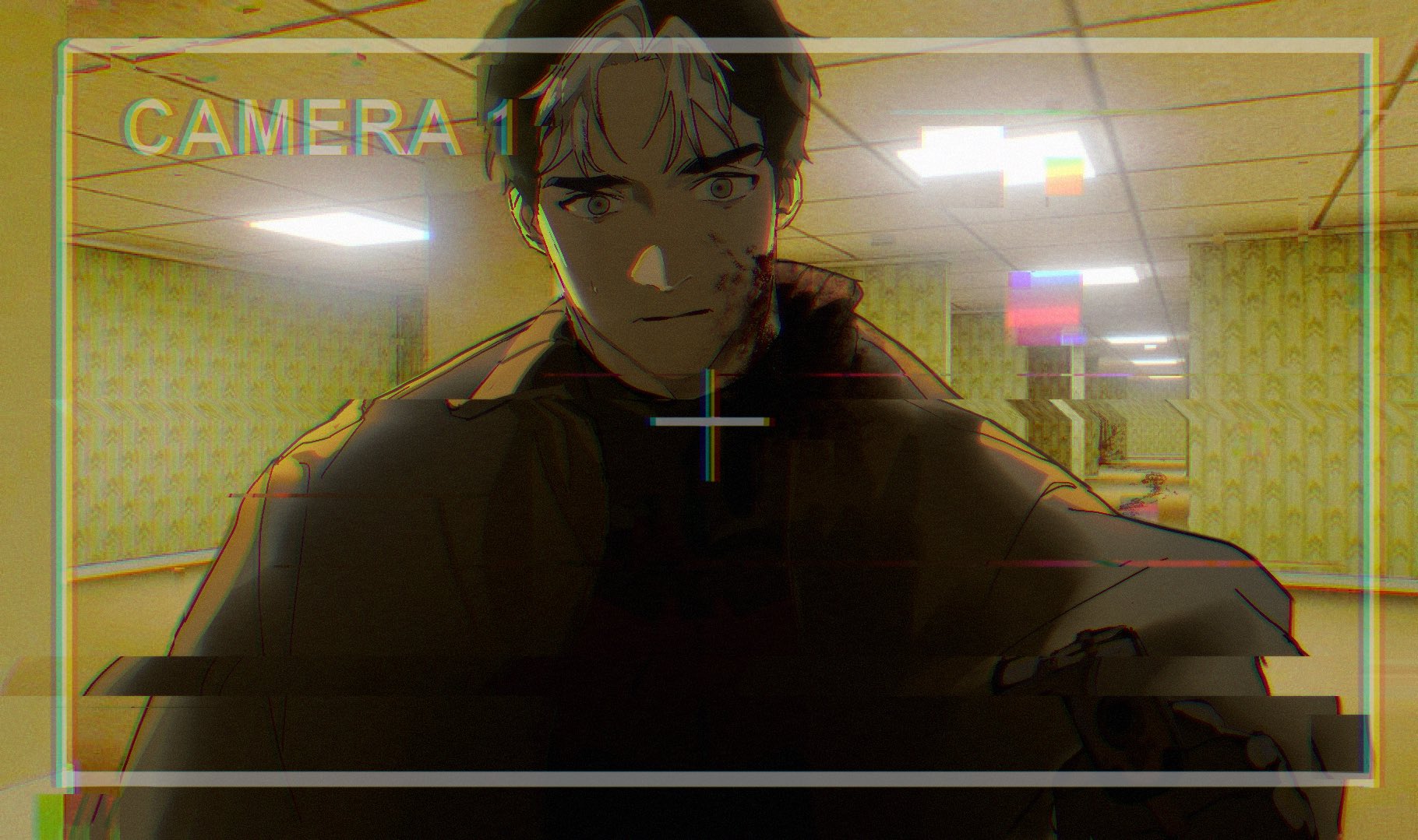 jason todd, red hood (dc), backrooms (creepypasta), batman (series), dc comics, highres, 1boy, akswozal, black bodysuit, black gloves, black hair, blue eyes, bodysuit, brown jacket, ceiling, ceiling light, fluorescent lamp, gloves, grey bodysuit, hallway, horror (theme), jacket, liminal space, male focus, multicolored hair, muscular, muscular male, open clothes, red hood and the outlaws, short hair, superhero costume, taut bodysuit, tile ceiling, tiles, two-tone bodysuit, two-tone hair, vhs artifacts, yellow theme