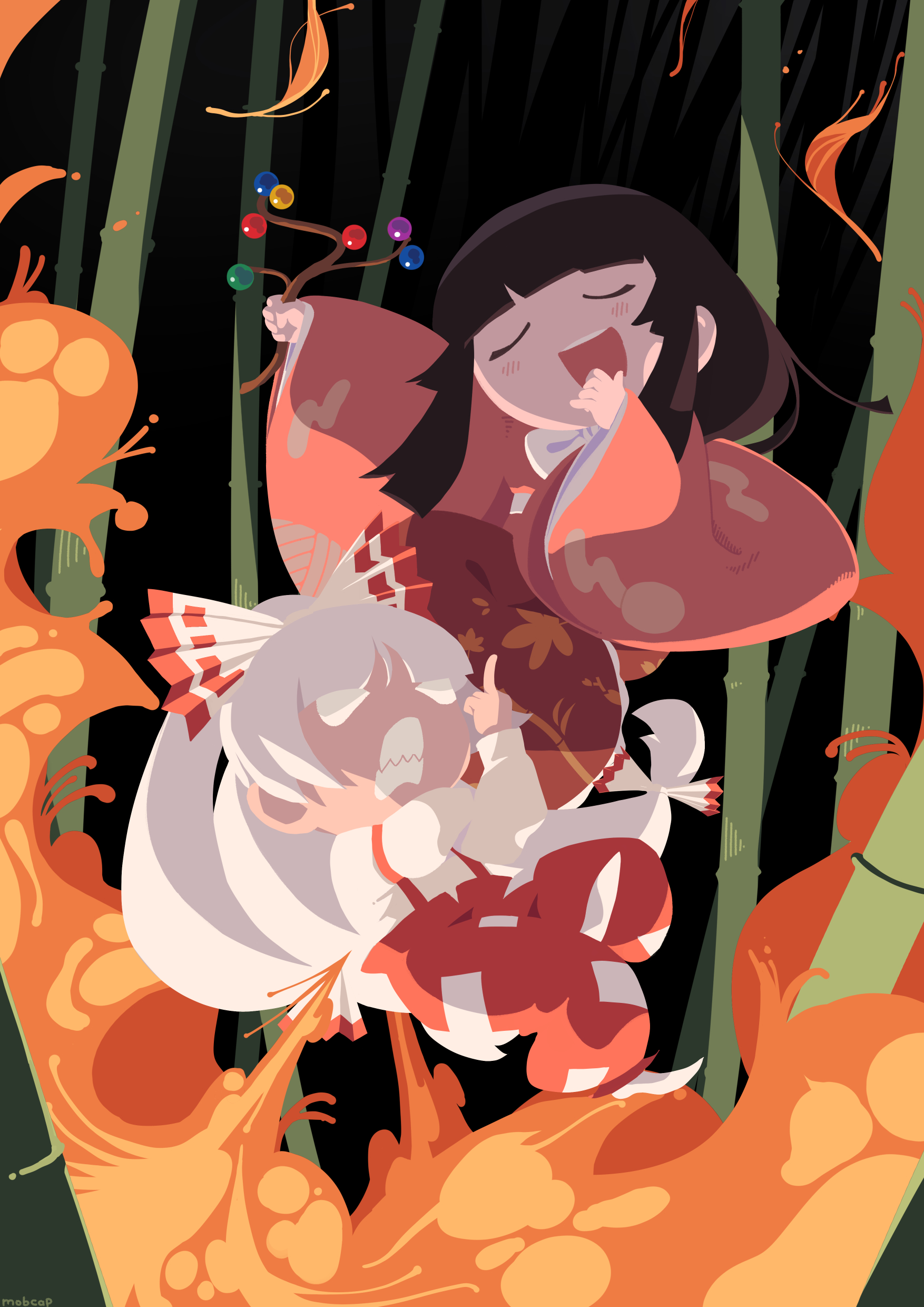 mobcap, fujiwara no mokou, houraisan kaguya, touhou, absurdres, highres, 2girls, angry, artist name, bamboo, bamboo forest, black hair, bow, branch, clenched teeth, closed eyes, crossed arms, empty eyes, fire, flat color, forest, hair bow, hime cut, jeweled branch of hourai, long hair, long sleeves, middle finger, multiple girls, multiple hair bows, nature, no lineart, open mouth, pants, red bow, red pants, red skirt, red suspenders, red trim, sharp teeth, shirt, skirt, teeth, two-tone bow, white bow, white hair, white shirt, wide sleeves