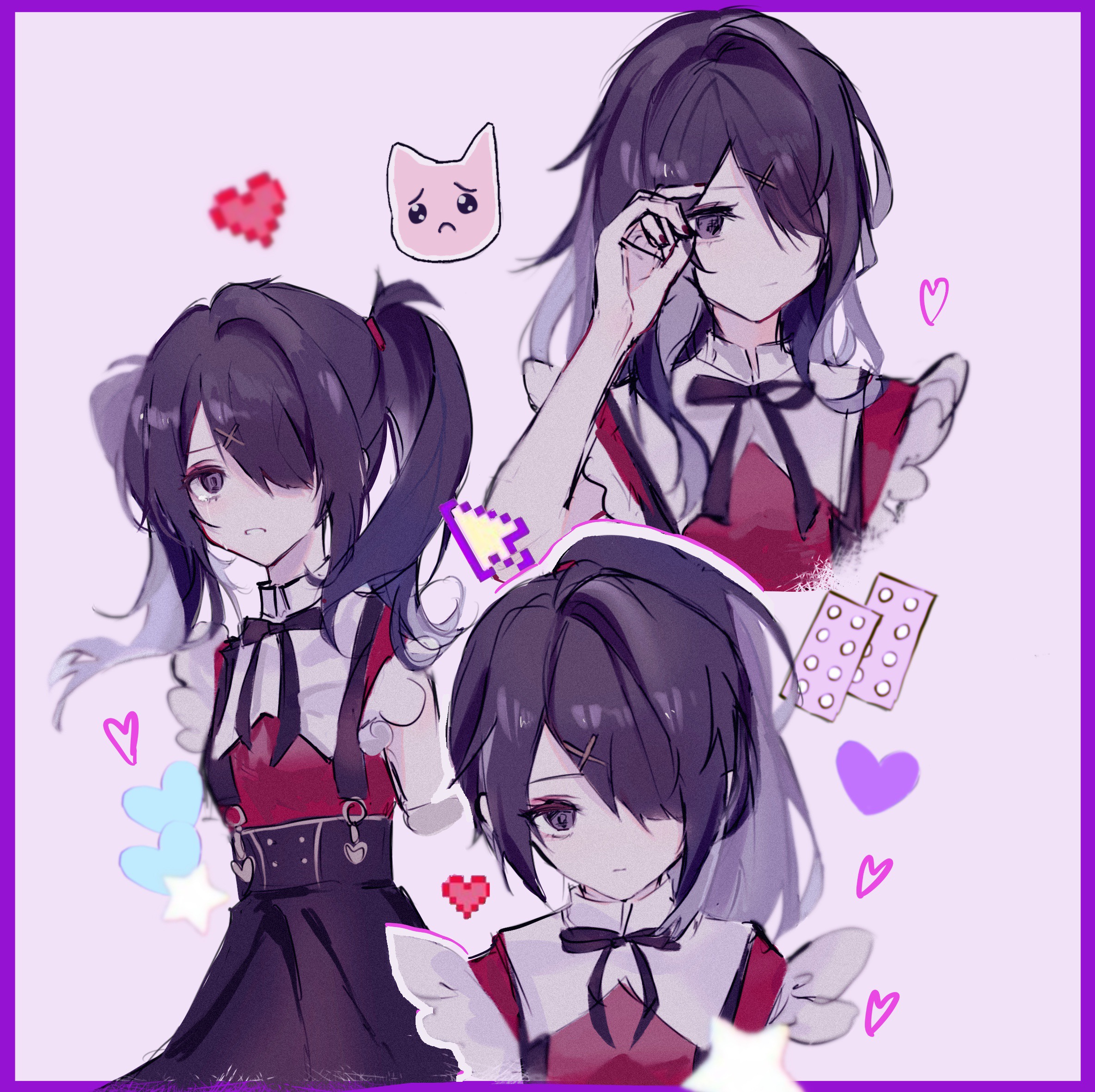 pye yyy, ame-chan (needy girl overdose), pien cat (needy girl overdose), needy girl overdose, chinese commentary, commentary request, highres, 1girl, alternate hairstyle, animal, bare shoulders, black eyes, black hair, black nails, black ribbon, black skirt, border, breasts, buttons, cat, clenched teeth, closed mouth, cropped torso, cursor, double-breasted, expressionless, film grain, frilled shirt, frills, gold buttons, hair down, hair ornament, hair over one eye, hair over shoulder, hair tie, hand up, heart, high-waist skirt, high ponytail, medium hair, multiple views, nail polish, neck ribbon, o-ring, o-ring suspenders, one eye covered, pill, pink background, pink cat, pixel art inset, ponytail, purple border, red shirt, ribbon, shirt, shirt tucked in, simple background, single hair intake, skirt, sleeveless, sleeveless shirt, small breasts, star (symbol), suspender skirt, suspenders, teeth, twintails, upper body, x hair ornament