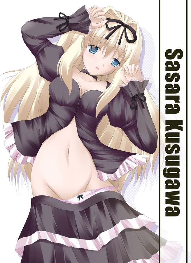desuno, kusugawa sasara, to heart (series), to heart 2, 00s, 1girl, blonde hair, blue hair, bow, bow panties, clothes pull, female focus, long hair, lying, panties, panty pull, pink panties, skirt, skirt pull, solo, underwear