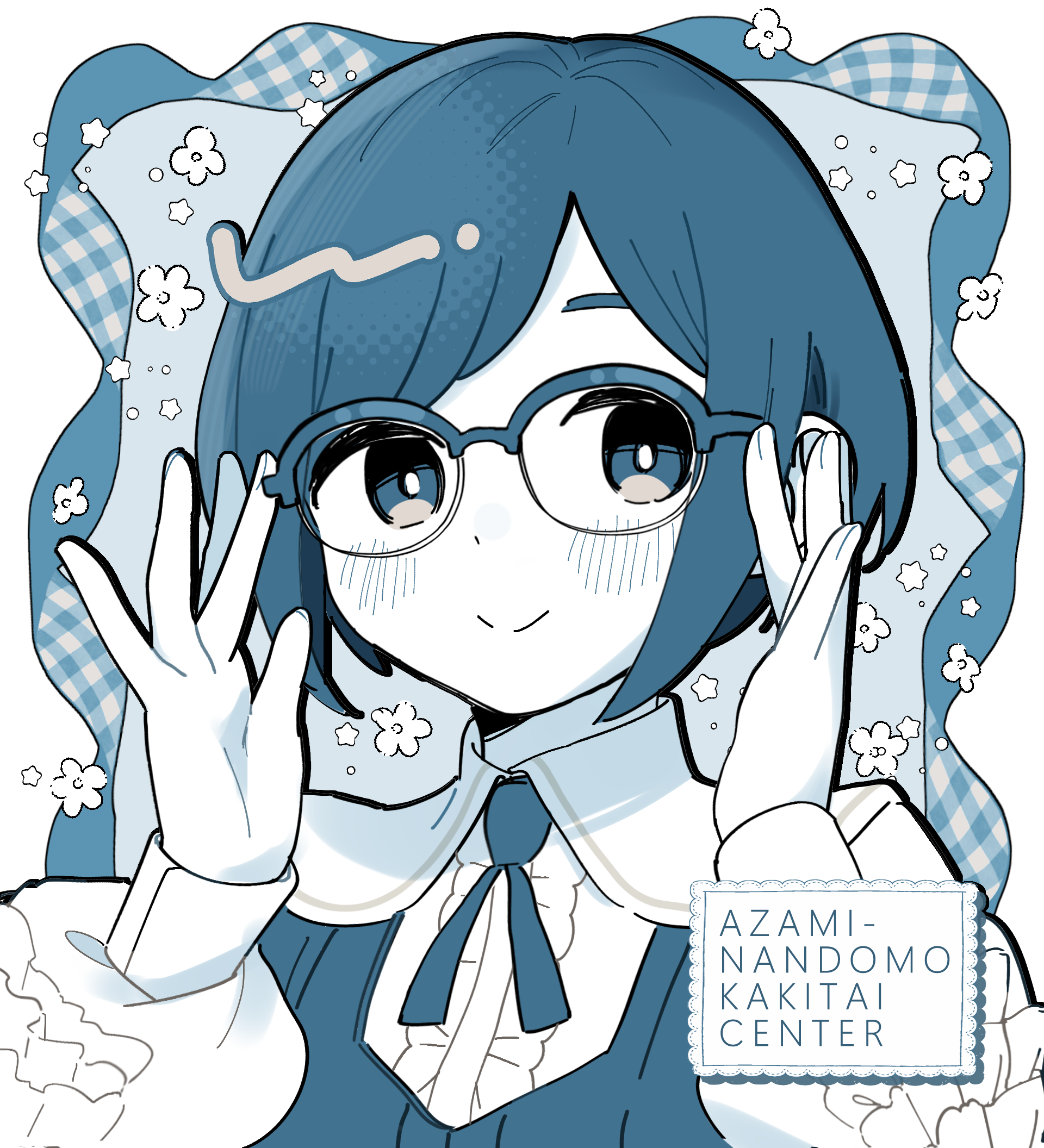 fukurai azami, toshi densetsu kaitai center, highres, 1girl, adjusting eyewear, blue hair, blue theme, center frills, closed mouth, collared shirt, floral background, frilled shirt, frilled sleeves, frills, glasses, hands on eyewear, hands up, long sleeves, looking at viewer, monochrome, neck ribbon, oyaki (oyacomu), puffy long sleeves, puffy sleeves, ribbon, shirt, short hair, smile, solo, upper body