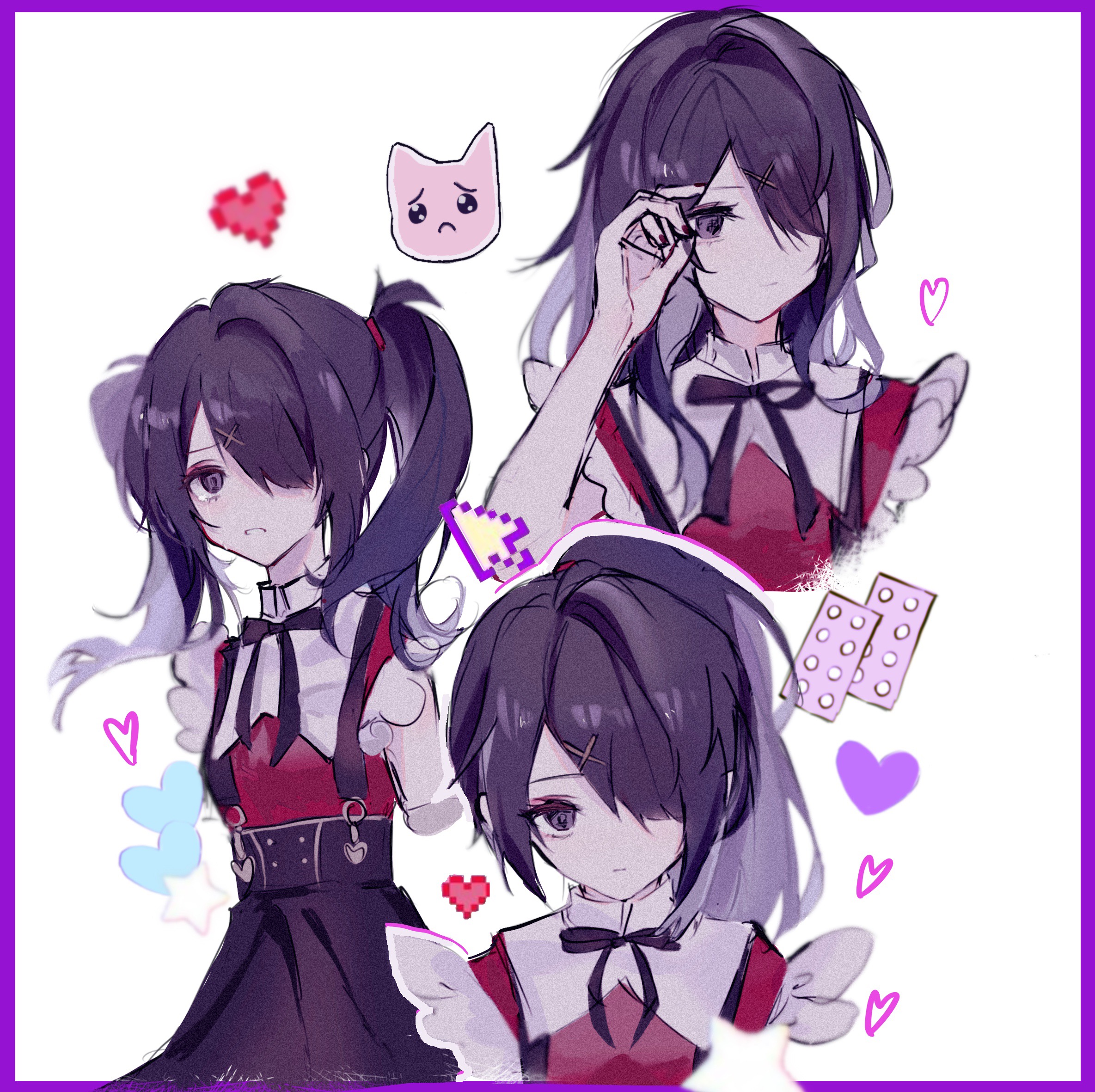 pye yyy, ame-chan (needy girl overdose), pien cat (needy girl overdose), needy girl overdose, chinese commentary, commentary request, highres, 1girl, alternate hairstyle, animal, bare shoulders, black eyes, black hair, black nails, black ribbon, black skirt, border, breasts, buttons, cat, clenched teeth, closed mouth, cropped torso, cursor, double-breasted, expressionless, film grain, frilled shirt, frills, gold buttons, hair down, hair ornament, hair over one eye, hair over shoulder, hair tie, hand up, heart, high-waist skirt, high ponytail, medium hair, multiple views, nail polish, neck ribbon, o-ring, o-ring suspenders, one eye covered, pill, pink cat, pixel art inset, ponytail, purple border, red shirt, ribbon, shirt, shirt tucked in, simple background, single hair intake, skirt, sleeveless, sleeveless shirt, small breasts, star (symbol), suspender skirt, suspenders, teeth, twintails, upper body, white background, x hair ornament