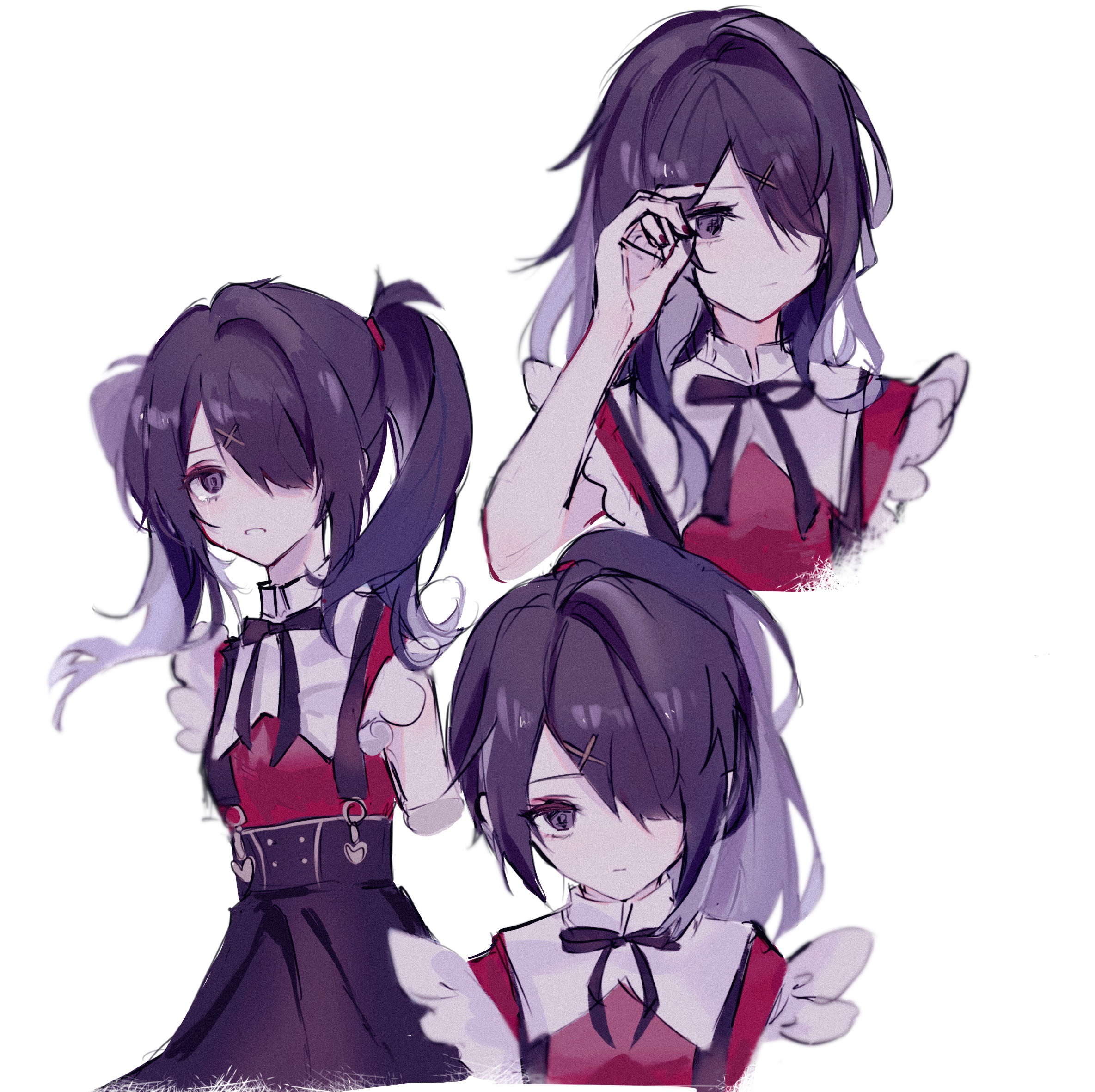 pye yyy, ame-chan (needy girl overdose), needy girl overdose, chinese commentary, commentary request, highres, 1girl, alternate hairstyle, bare shoulders, black eyes, black hair, black nails, black ribbon, black skirt, breasts, buttons, clenched teeth, closed mouth, cropped torso, cursor, double-breasted, expressionless, film grain, frilled shirt, frills, gold buttons, hair down, hair ornament, hair over one eye, hair over shoulder, hair tie, hand up, heart, high-waist skirt, high ponytail, medium hair, multiple views, nail polish, neck ribbon, o-ring, o-ring suspenders, one eye covered, pill, pixel art inset, ponytail, red shirt, ribbon, shirt, shirt tucked in, simple background, single hair intake, skirt, sleeveless, sleeveless shirt, small breasts, star (symbol), suspender skirt, suspenders, teeth, twintails, upper body, white background, x hair ornament
