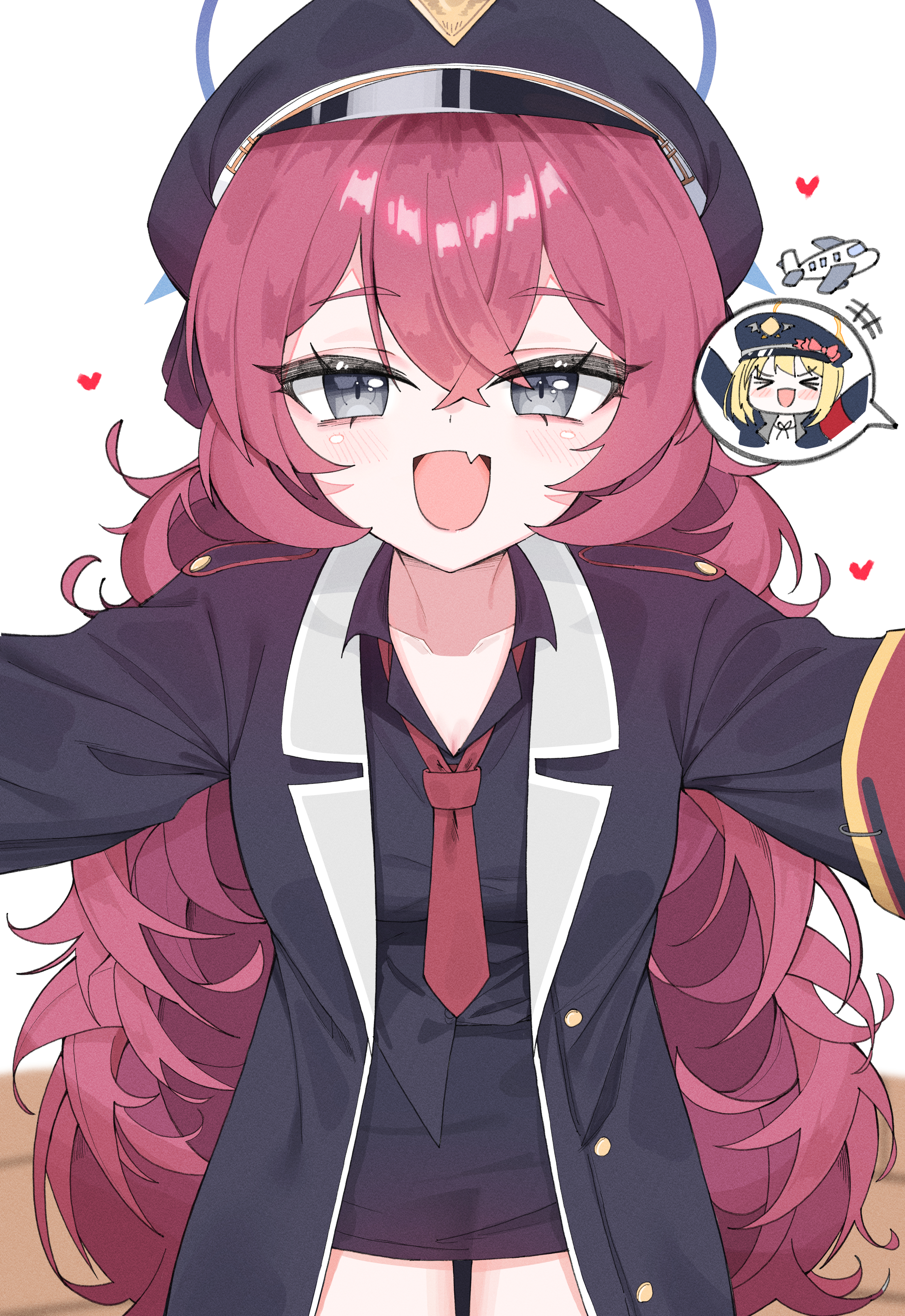 cetci, ibuki (blue archive), iroha (blue archive), blue archive, fluffy hair, absurdres, commentary, highres, korean commentary, > <, +++, 1girl, :d, armband, black hat, black shirt, black skirt, blonde hair, blue halo, blush, blush stickers, collarbone, collared shirt, cowboy shot, crossed bangs, double-parted bangs, eyelashes, fang, female pov, grey eyes, hair between eyes, halo, happy, hat, heart, incoming hug, long hair, long sleeves, necktie, open mouth, outstretched arms, peaked cap, pencil skirt, pov, red armband, red hair, red necktie, school uniform, shirt, simple background, skin fang, skirt, slit pupils, smile, solo, speech bubble, spoken character, straight-on, thick eyebrows, tsurime, v-shaped eyebrows, very long hair, white background, yellow halo