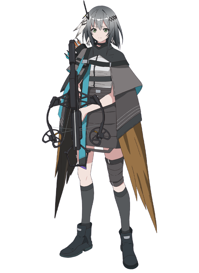 takafuji aya, greythroat (arknights), arknights, official art, 1girl, anime coloring, arrow (projectile), bandaged leg, bandages, belt, black hair, black shoes, bow (weapon), breasts, closed mouth, crossbow, feather hair, full body, gradient hair, green eyes, grey belt, grey cloak, grey hair, grey skirt, grey socks, hair between eyes, hair ornament, hairband, holding, holding crossbow, holding weapon, looking at viewer, multicolored hair, pencil skirt, quiver, shirt, shoes, short hair, simple background, skirt, socks, solo, standing, transparent background, two-tone hair, weapon, white shirt