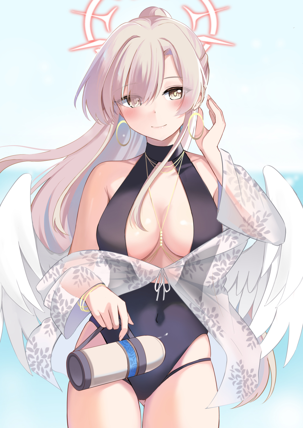 konka, nagisa (blue archive), nagisa (swimsuit) (blue archive), blue archive, highres, 1girl, aviator sunglasses, bare shoulders, black one-piece swimsuit, blush, bracelet, breasts, brown-tinted eyewear, brown eyes, cleavage, earrings, feathered wings, grey hair, halo, high ponytail, hoop earrings, jewelry, large breasts, long hair, long sleeves, looking at viewer, low wings, necklace, off shoulder, one-piece swimsuit, ponytail, shirt, sidelocks, smile, solo, sunglasses, swimsuit, thighs, tinted eyewear, white shirt, wings