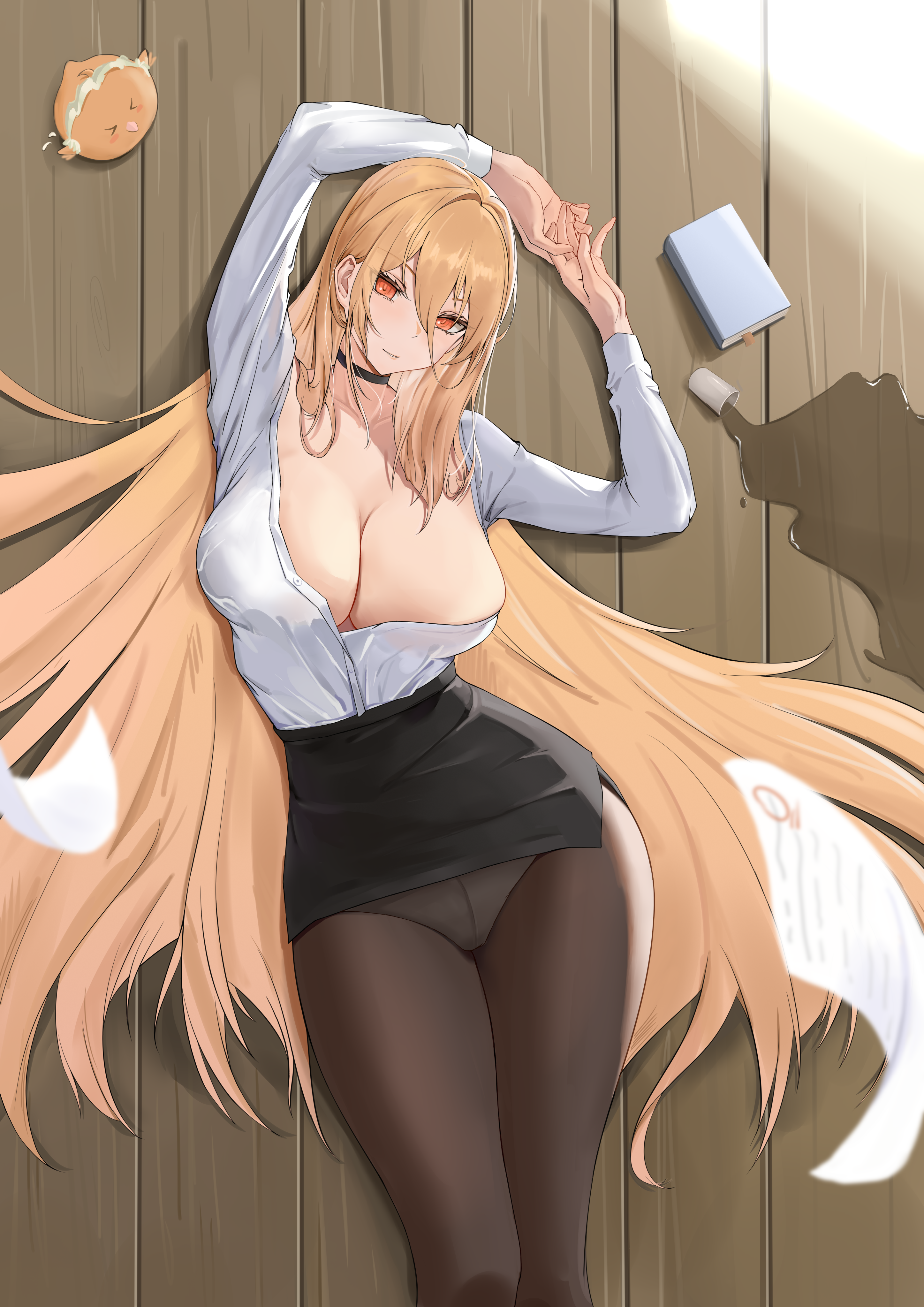 hszy, implacable (azur lane), implacable (shepherd of the "lost") (azur lane), manjuu (azur lane), azur lane, absurdres, commentary request, highres, > <, 1girl, black choker, black skirt, book, breasts, brown pantyhose, choker, cleavage, facing viewer, flying paper, flying sweatdrops, hair between eyes, high-waist skirt, long hair, long hair between eyes, long sleeves, lying, maid headdress, office lady, official alternate costume, on back, on floor, orange eyes, orange hair, panties, panties under pantyhose, pantyhose, paper, partially unbuttoned, pencil skirt, shirt, shirt tucked in, skirt, solo, spill, underwear, very long hair, white panties, white shirt