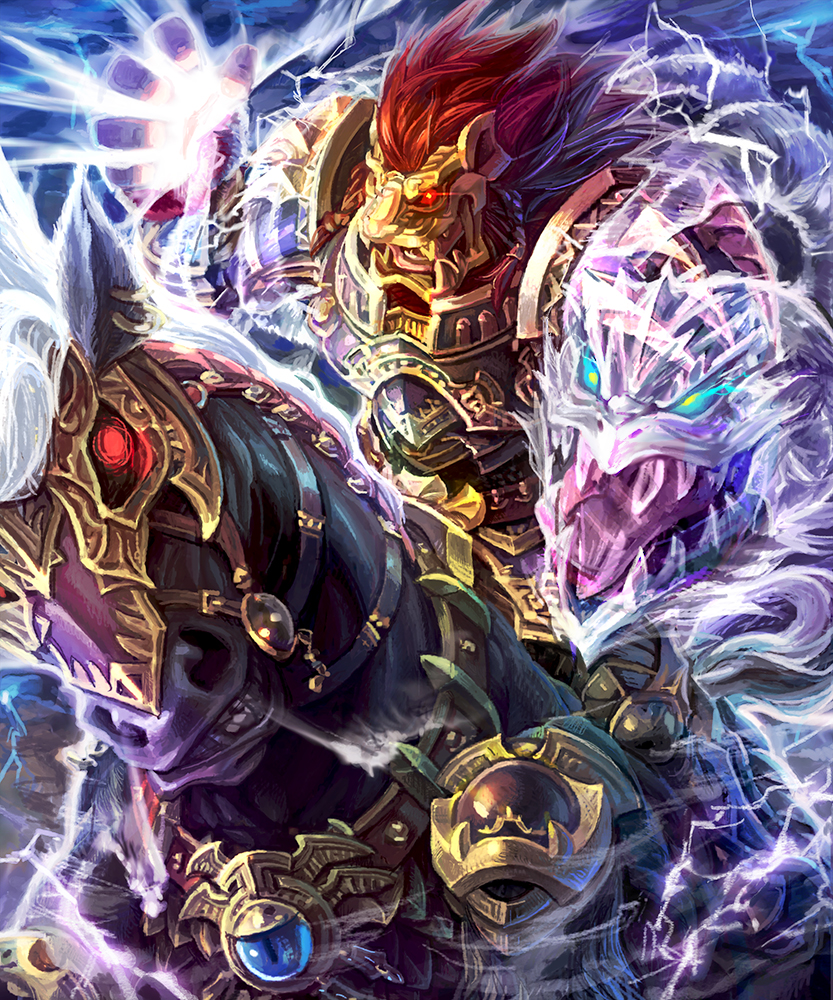 ars goetia, original, shingoku no valhalla gate, 1boy, armor, black horse, clenched teeth, fantasy, fog, gold armor, hori3, horse, looking at viewer, male focus, monster, red hair, sharp teeth, snake, teeth
