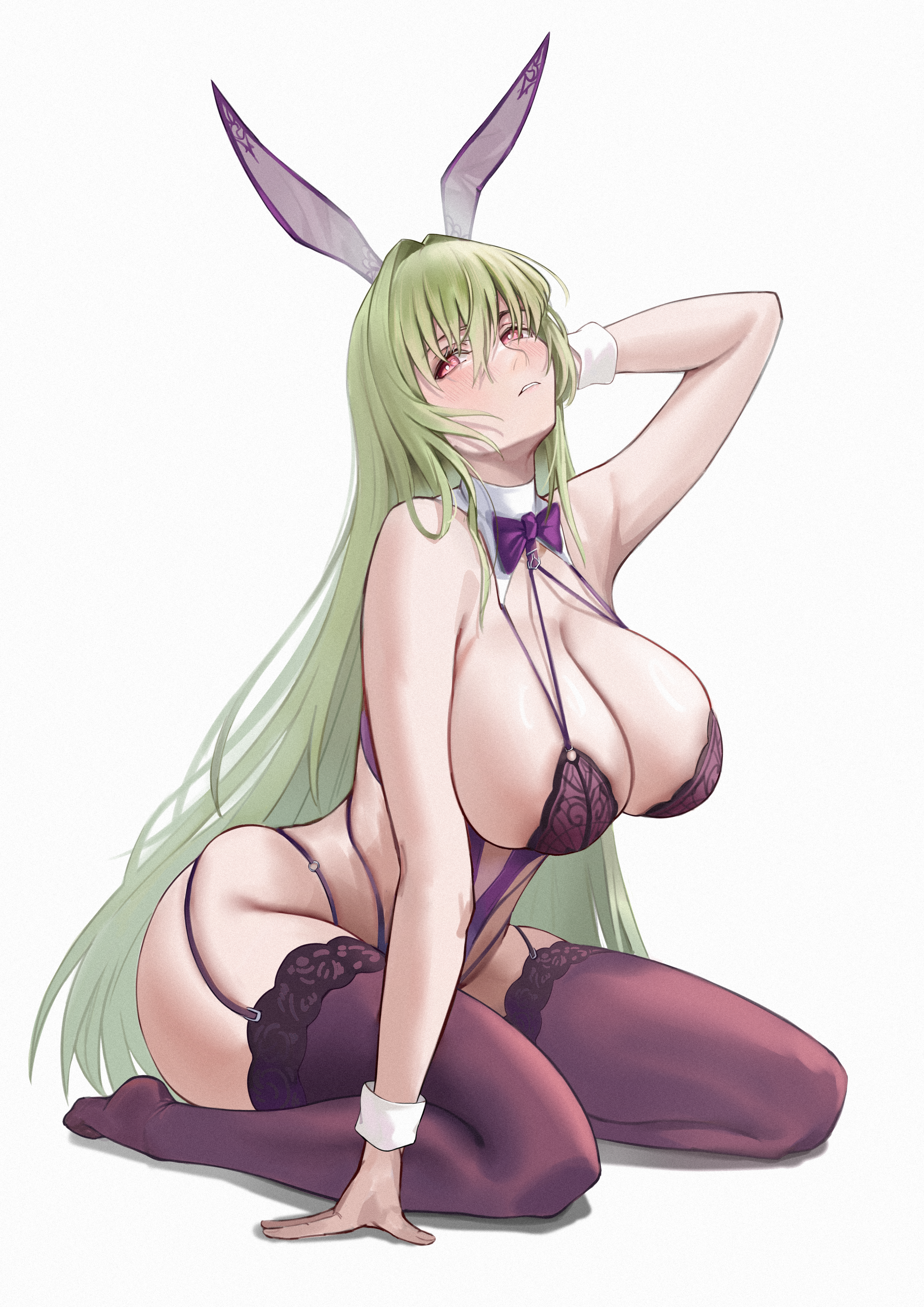 hszy, napoli (azur lane), napoli (dreamy night) (azur lane), azur lane, absurdres, commentary request, highres, 1girl, animal ears, breasts, cleavage, fake animal ears, full body, green hair, hand in own hair, huge breasts, lace, lace-trimmed thighhighs, lace trim, leotard, long hair, o-ring, official alternate costume, playboy bunny, purple leotard, purple thighhighs, rabbit ears, simple background, solo, thighhighs, very long hair, white background, white wrist cuffs, wrist cuffs