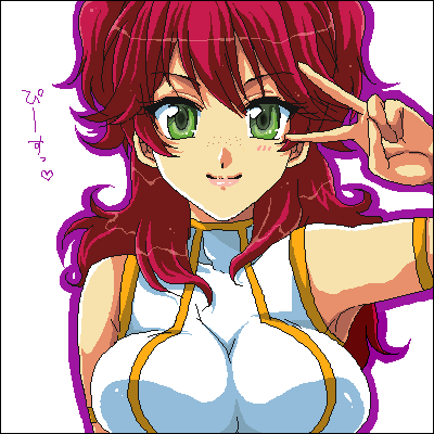 nena trinity, gundam, gundam 00, lowres, translation request, 00s, breasts, freckles, huge breasts, oekaki, outline, purple outline, simple background, solo, two side up, v, white background, yellow eyes