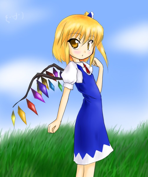 cirno, flandre scarlet, embodiment of scarlet devil, touhou, 1girl, alternate eye color, bad proportions, blonde hair, blue dress, child, cirno (cosplay), clenched hand, cosplay, day, dress, female focus, grass, short hair, side ponytail, sky, solo, wings, yellow eyes