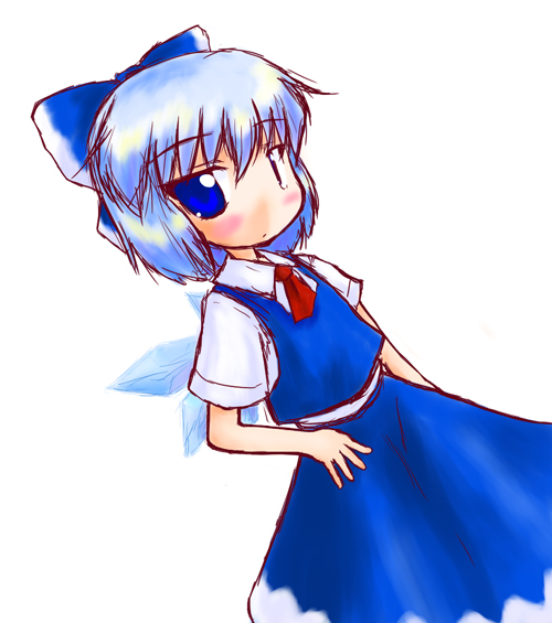 cirno, embodiment of scarlet devil, touhou, 1girl, blouse, bow, female focus, hand on own hip, shirt, simple background, solo, white background, white shirt