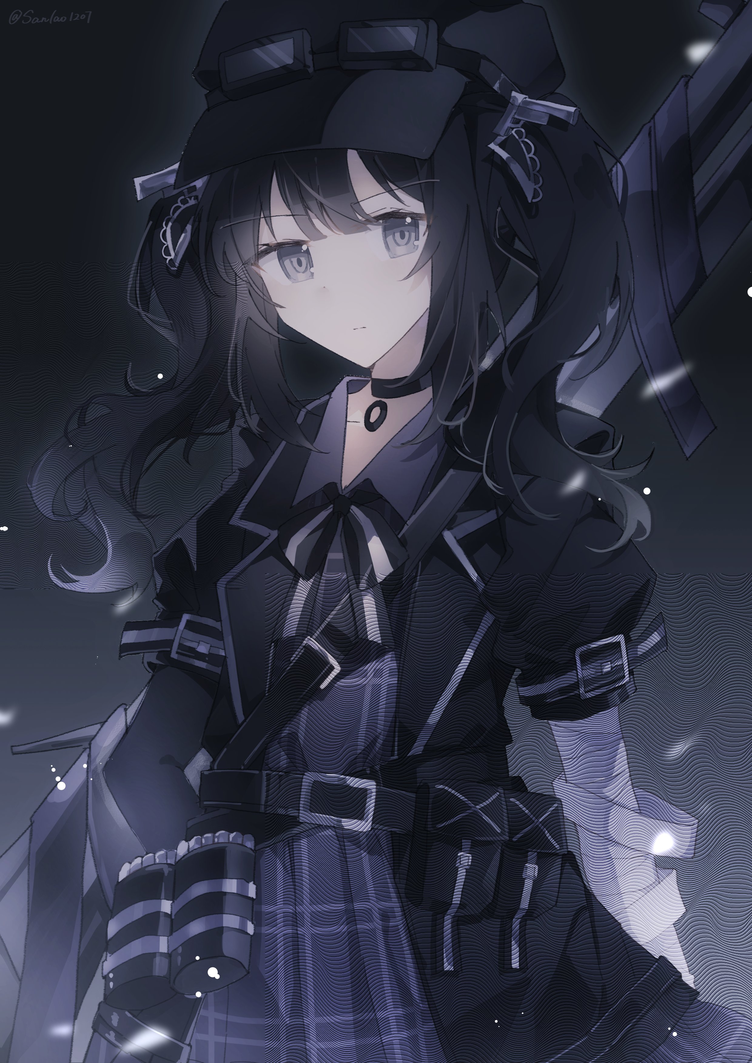 sanlao1207, mahou shoujo no majo saiban, absurdres, highres, 1girl, ammunition pouch, bandaged arm, bandages, belt, black belt, black choker, black hair, black hat, black jacket, black ribbon, blunt bangs, choker, closed mouth, cowboy shot, dress, expressionless, goggles, goggles on headwear, grey dress, grey eyes, gun, hat, jacket, kurobe nanoka, long hair, looking at viewer, magical girl, neck ribbon, pouch, ribbon, rifle, solo, standing, twintails, weapon, weapon on back