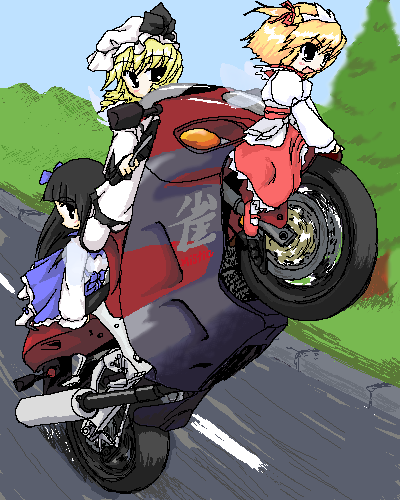 luna child, star sapphire, sunny milk, touhou, vehicle, lowres, 3girls, female focus, hat, motor vehicle, motorcycle, multiple girls, nature, oekaki, outdoors, plant, sky, wheelie