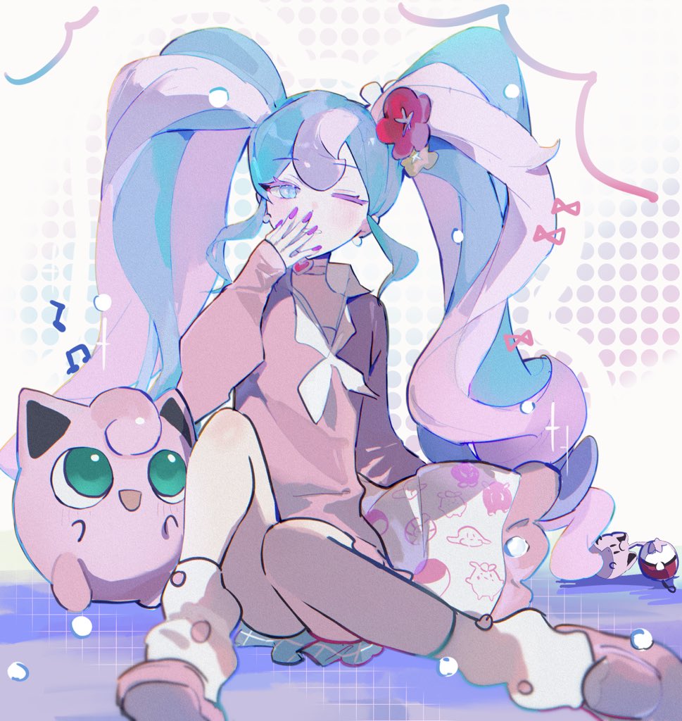 pye yyy, fairy miku (project voltage), hatsune miku, jigglypuff, nintendo, pokemon, project voltage, vocaloid, commentary, symbol-only commentary, 1girl, :d, ;d, ankle socks, bare legs, blue eyes, blue hair, blush, choker, chromatic aberration, collared shirt, film grain, fingernails, flower, frilled pillow, frills, full body, gen 1 pokemon, green eyes, grid background, grin, hair flower, hair ornament, halftone, halftone background, hand up, heart, heart choker, hibiscus, knee up, long fingernails, long hair, long sleeves, looking at another, loose socks, multicolored hair, musical note, nail polish, neckerchief, on floor, one eye closed, open mouth, pale skin, pillow, pink choker, pink hair, pink nails, pink shirt, pink shoes, pokemon (creature), puffy long sleeves, puffy sleeves, red flower, shirt, shoes, sidelocks, simple background, sleeves past wrists, smile, socks, solo, streaked hair, twintails, two-tone hair, very long hair, white background, white neckerchief, yellow flower