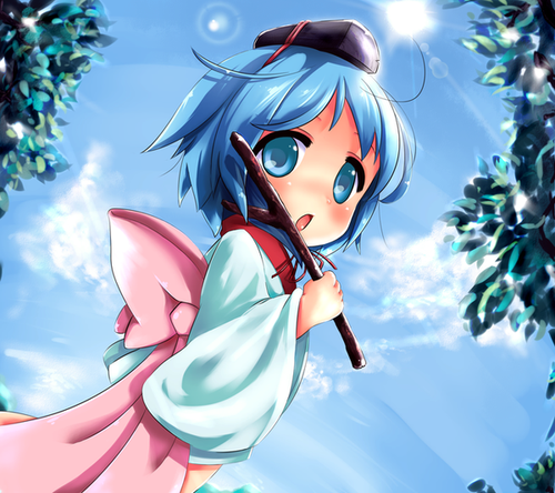 kumuiutabito, binchou-tan (character), binchou-tan, lowres, 00s, 1girl, blue eyes, blue hair, female focus, matching hair/eyes, solo, stick