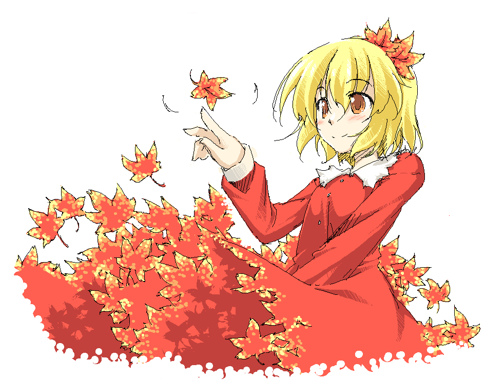 takoyaki1116, takoyaki (takoyaki-batake), aki shizuha, touhou, eyebrows, 1girl, blonde hair, buttons, collar, dress, female focus, hair ornament, leaf, leaf hair ornament, long sleeves, orange eyes, red dress, short hair, smile, solo, white background, white collar