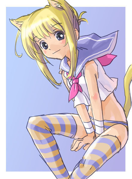 katahira masashi, original, multicolored legwear, 1girl, animal ears, blonde hair, cat ears, cat tail, female focus, panties, school uniform, serafuku, solo, striped clothes, striped panties, striped thighhighs, tail, thighhighs, underwear