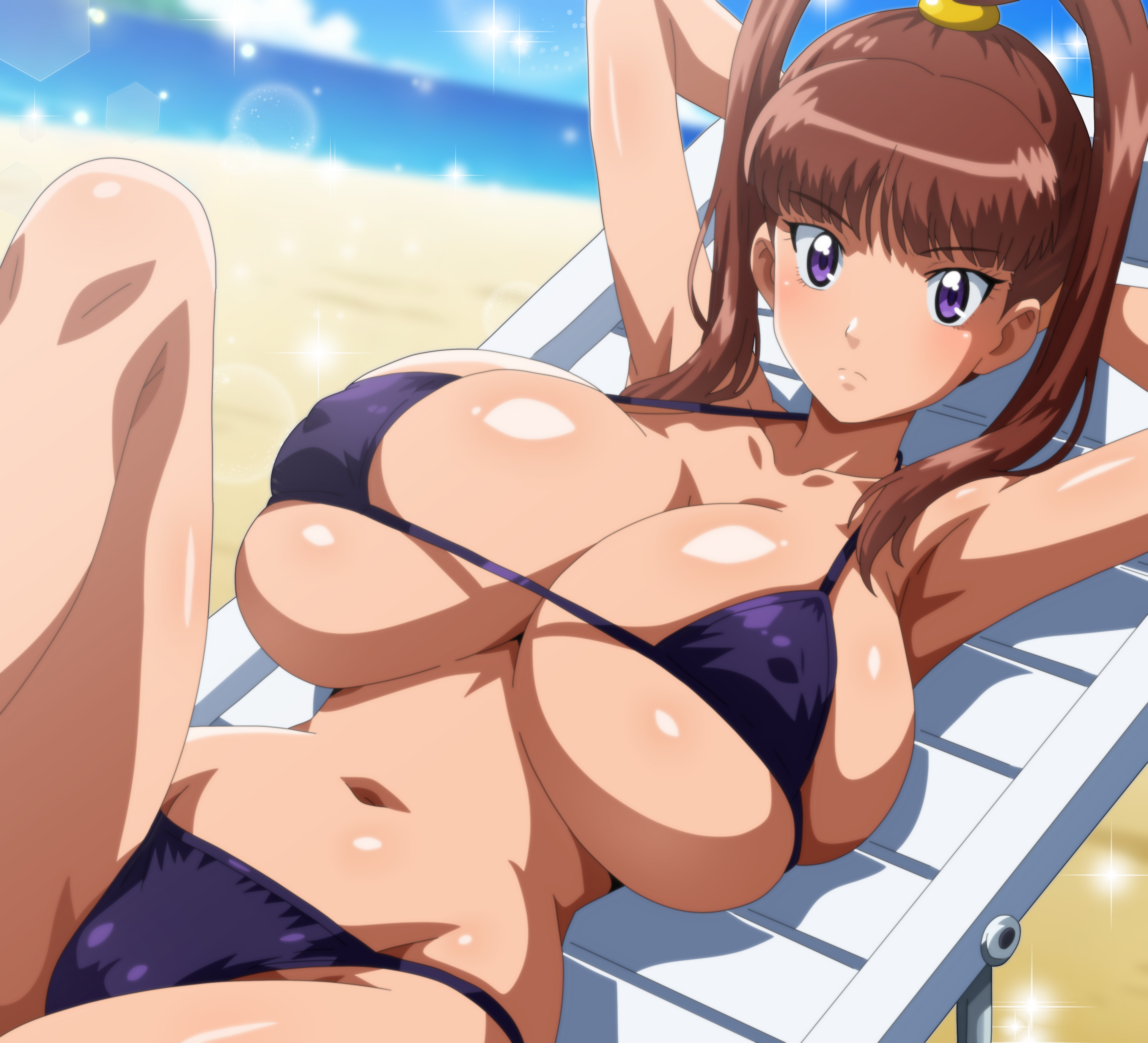 amano nene (digimon xros wars), digimon, digimon xros wars, bikini, breasts, hair ornament, hairclip, long hair, looking at viewer, pixiv user (23291429), ponytail, split ponytail, swimsuit
