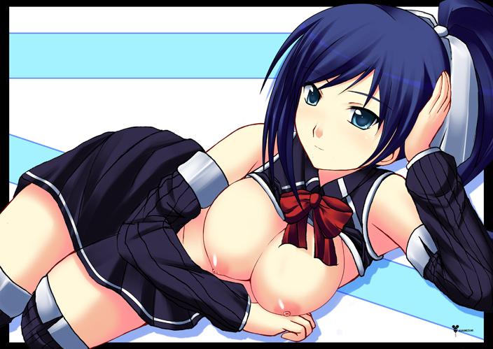 kuronezumi, yuri (quiz magic academy), quiz magic academy, 1girl, black border, border, breasts, female focus, large breasts, nipples, solo, thighhighs